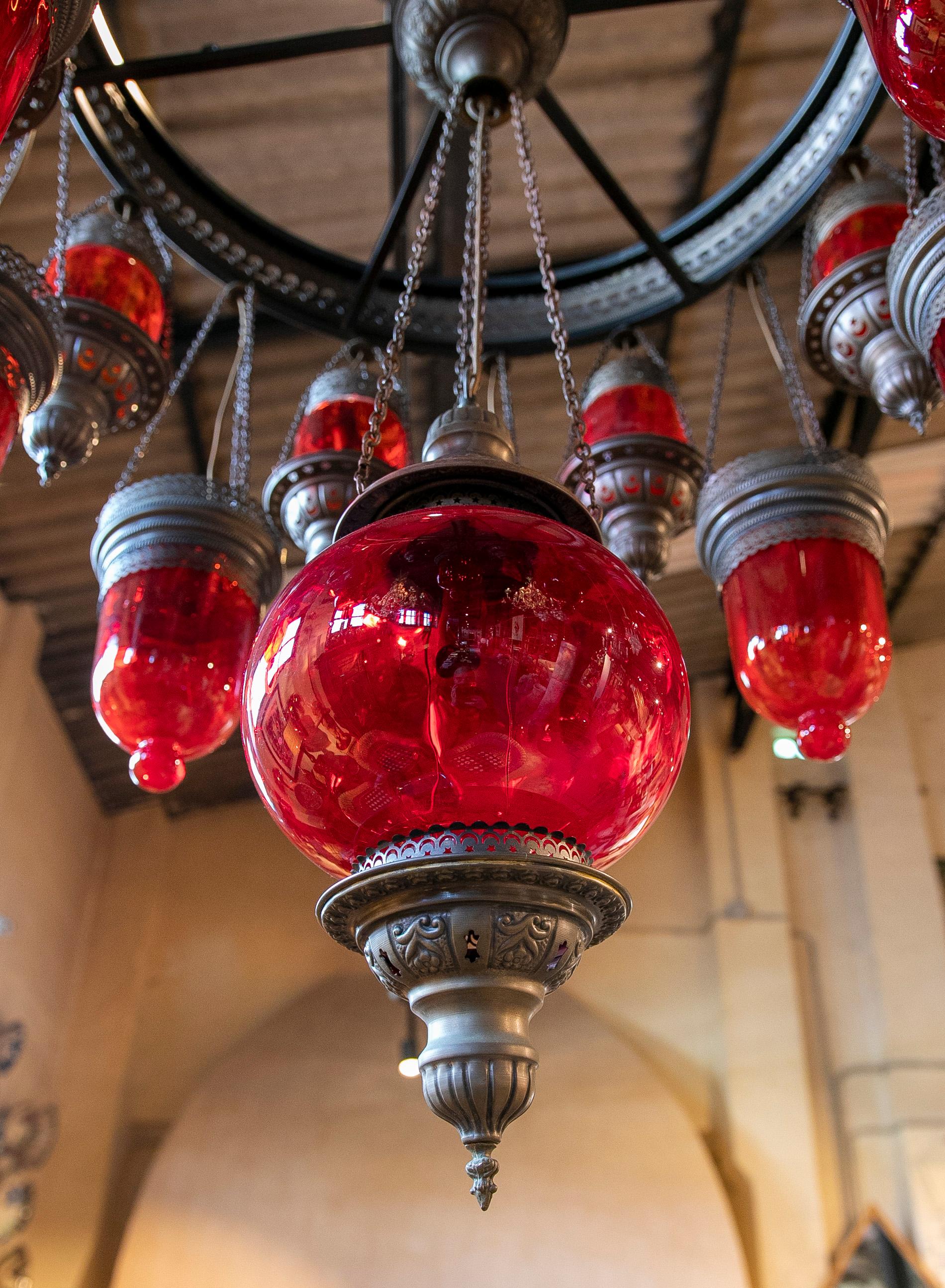 20th Century Ceiling Lamp Made of Metal, Iron and Decorative Glass in Red Colour For Sale