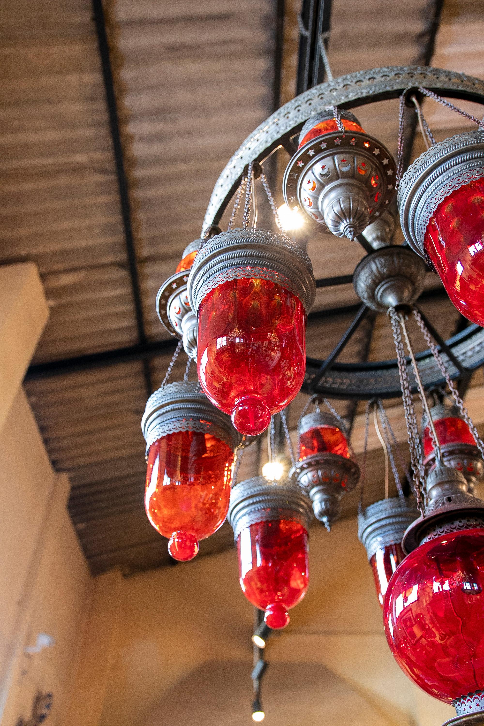 Ceiling Lamp Made of Metal, Iron and Decorative Glass in Red Colour For Sale 1