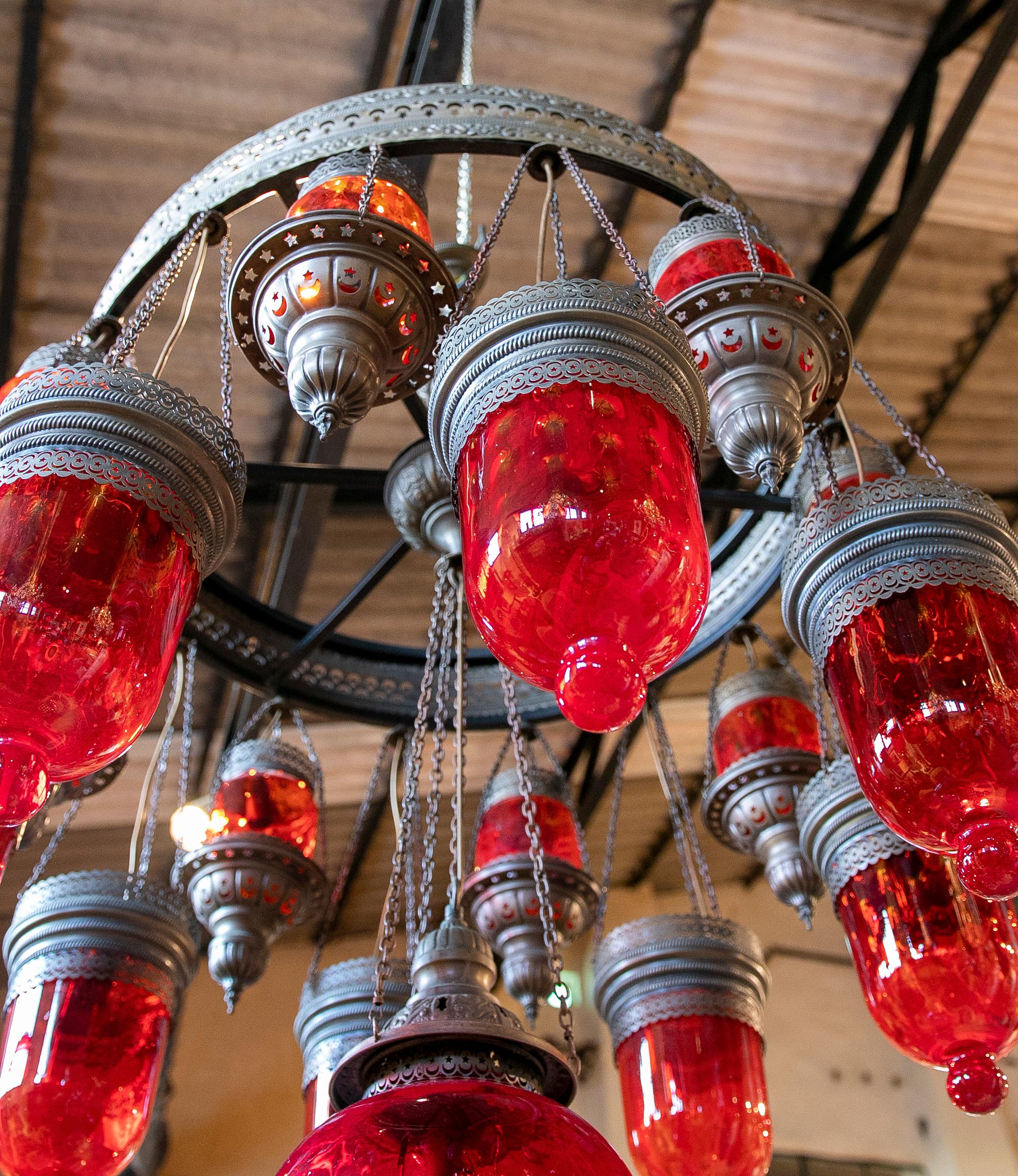 Ceiling Lamp Made of Metal, Iron and Decorative Glass in Red Colour For Sale 2