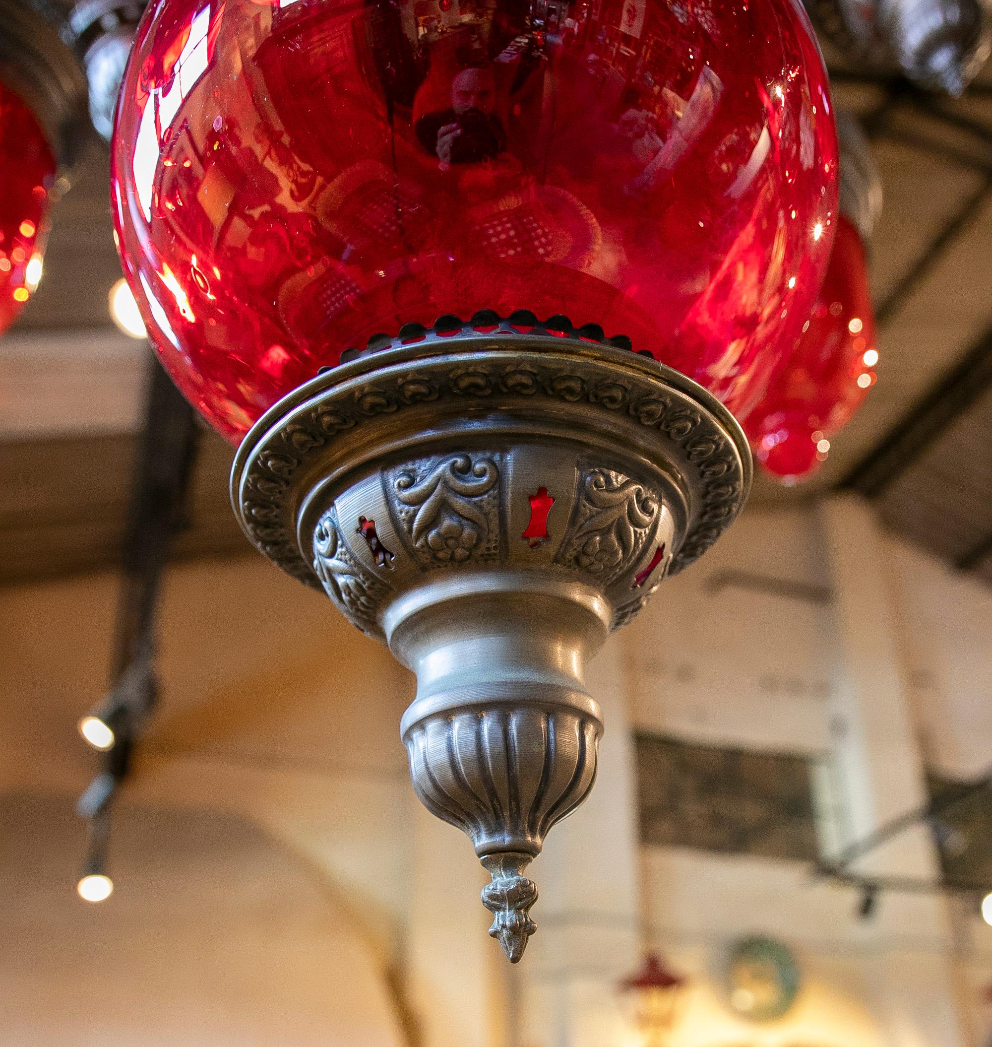Ceiling Lamp Made of Metal, Iron and Decorative Glass in Red Colour For Sale 4