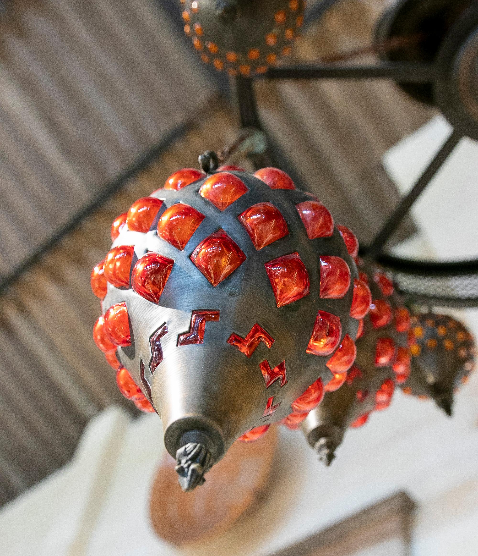 Ceiling Lamp Made of Metal, Iron and Glass in Red Colour For Sale 6