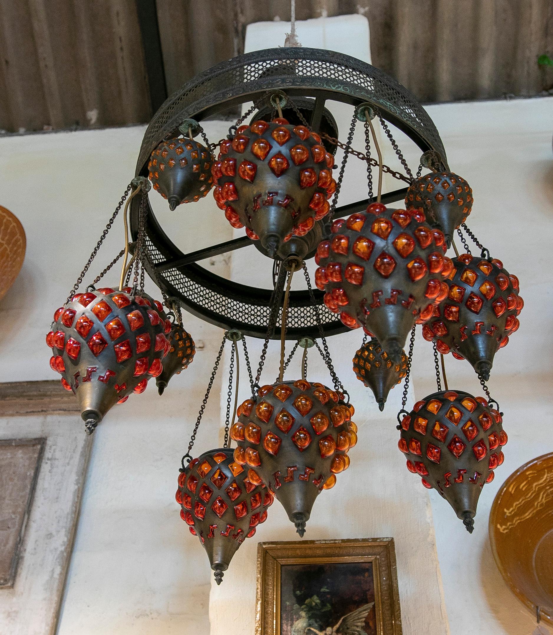 Ceiling Lamp Made of Metal, Iron and Glass in Red Colour For Sale 3