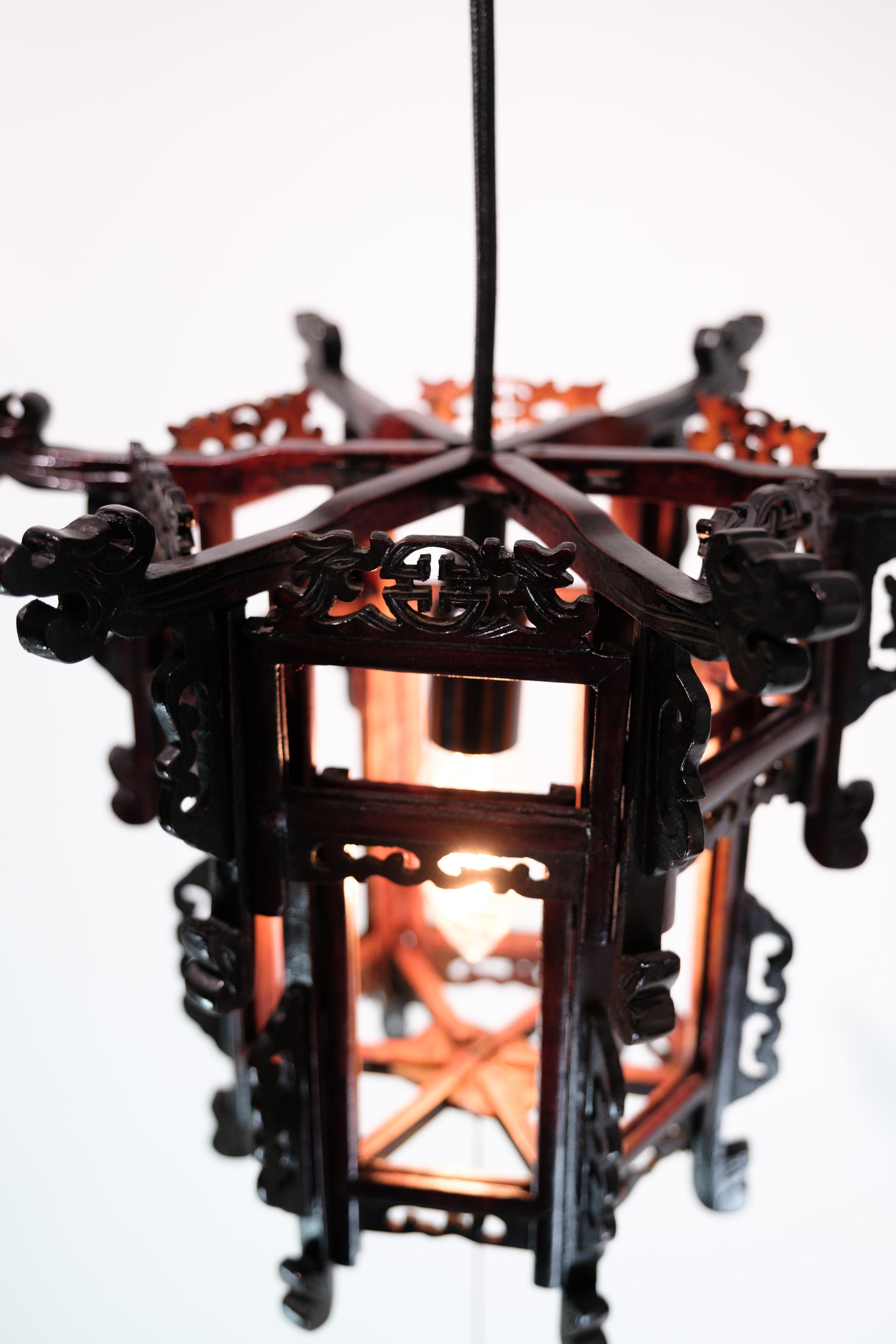 Ceiling lamp made of wood with Chinese-style decoration lantern from 1930s For Sale 1