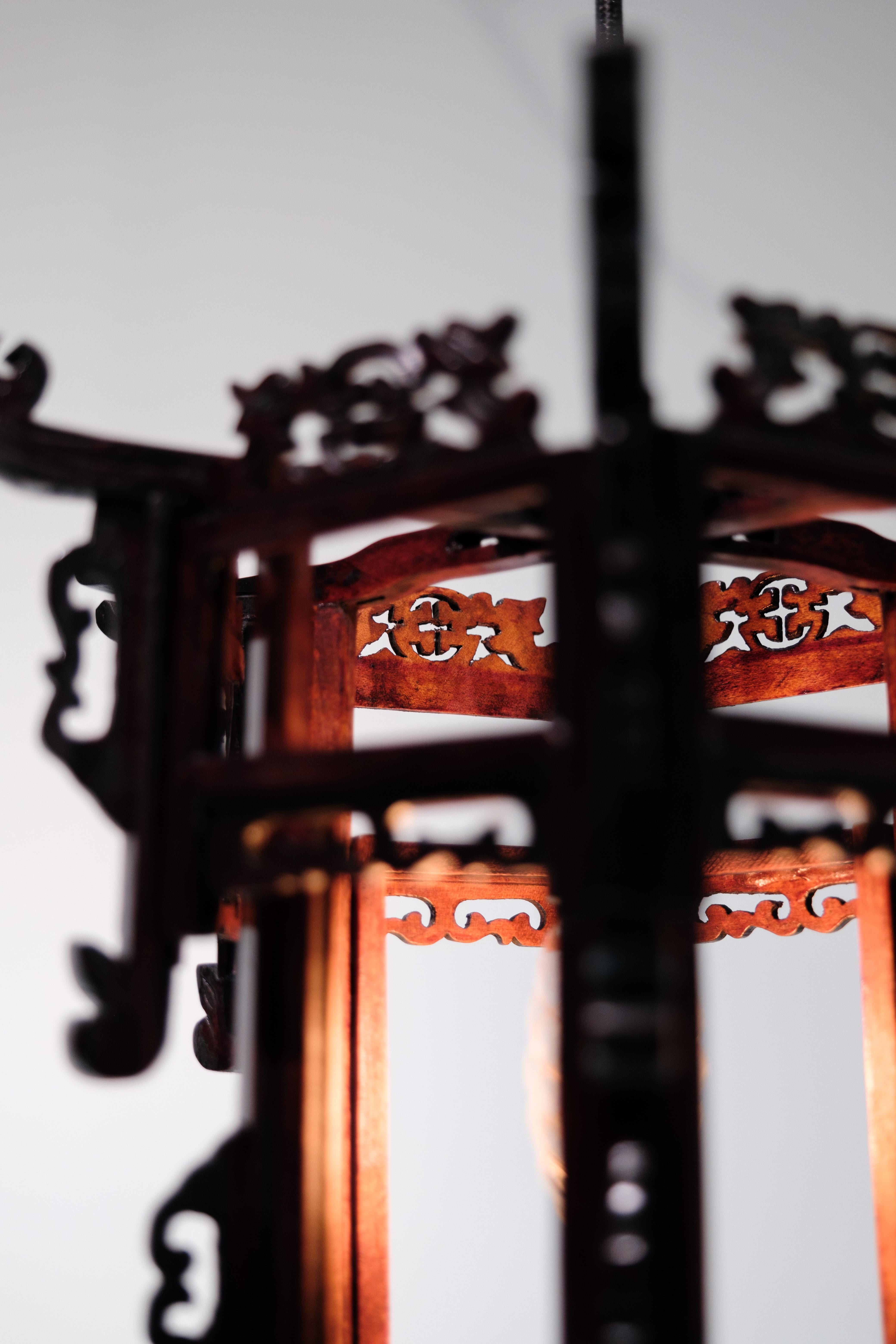 Ceiling lamp made of wood with Chinese-style decoration lantern from 1930s For Sale 2