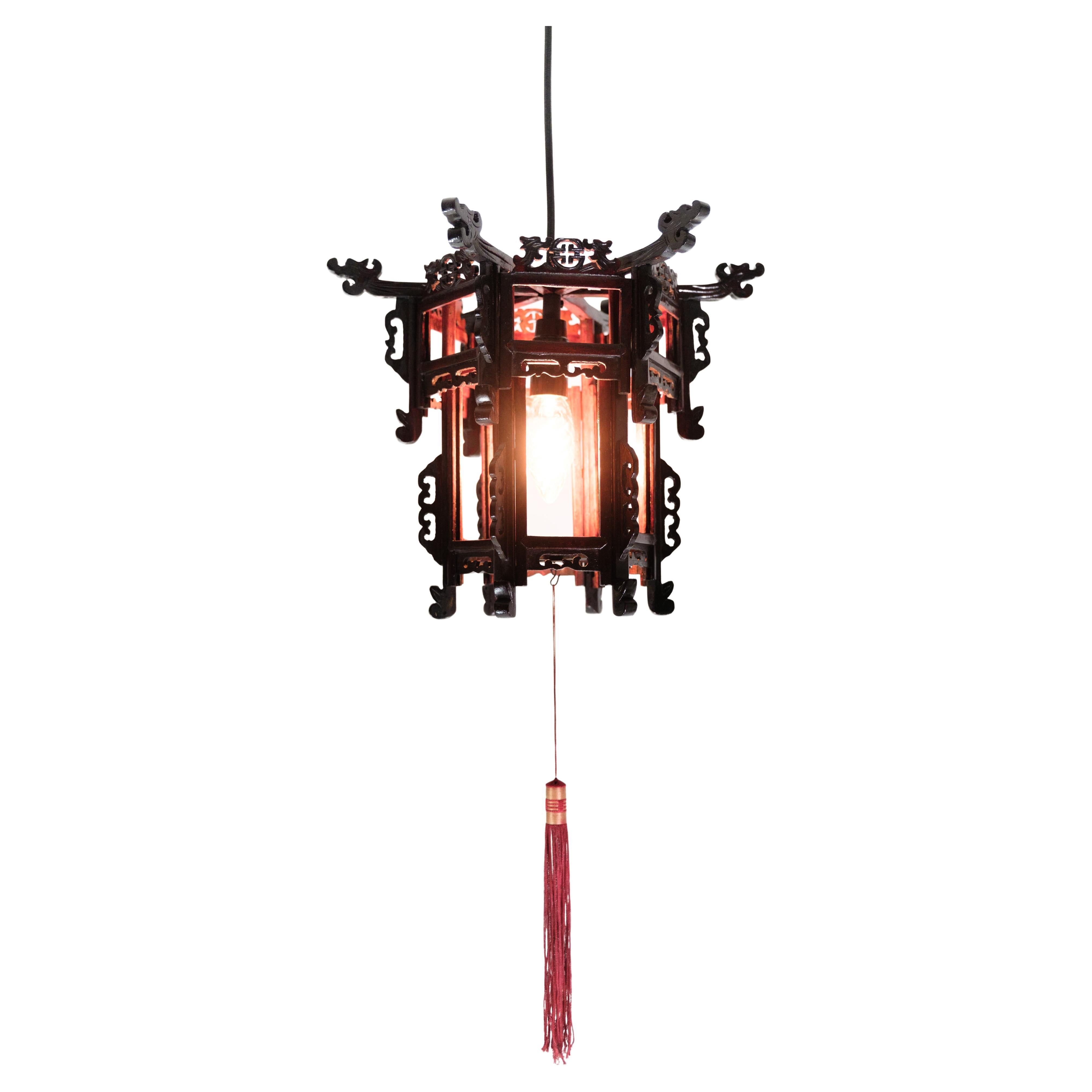 Ceiling lamp made of wood with Chinese-style decoration lantern from 1930s For Sale