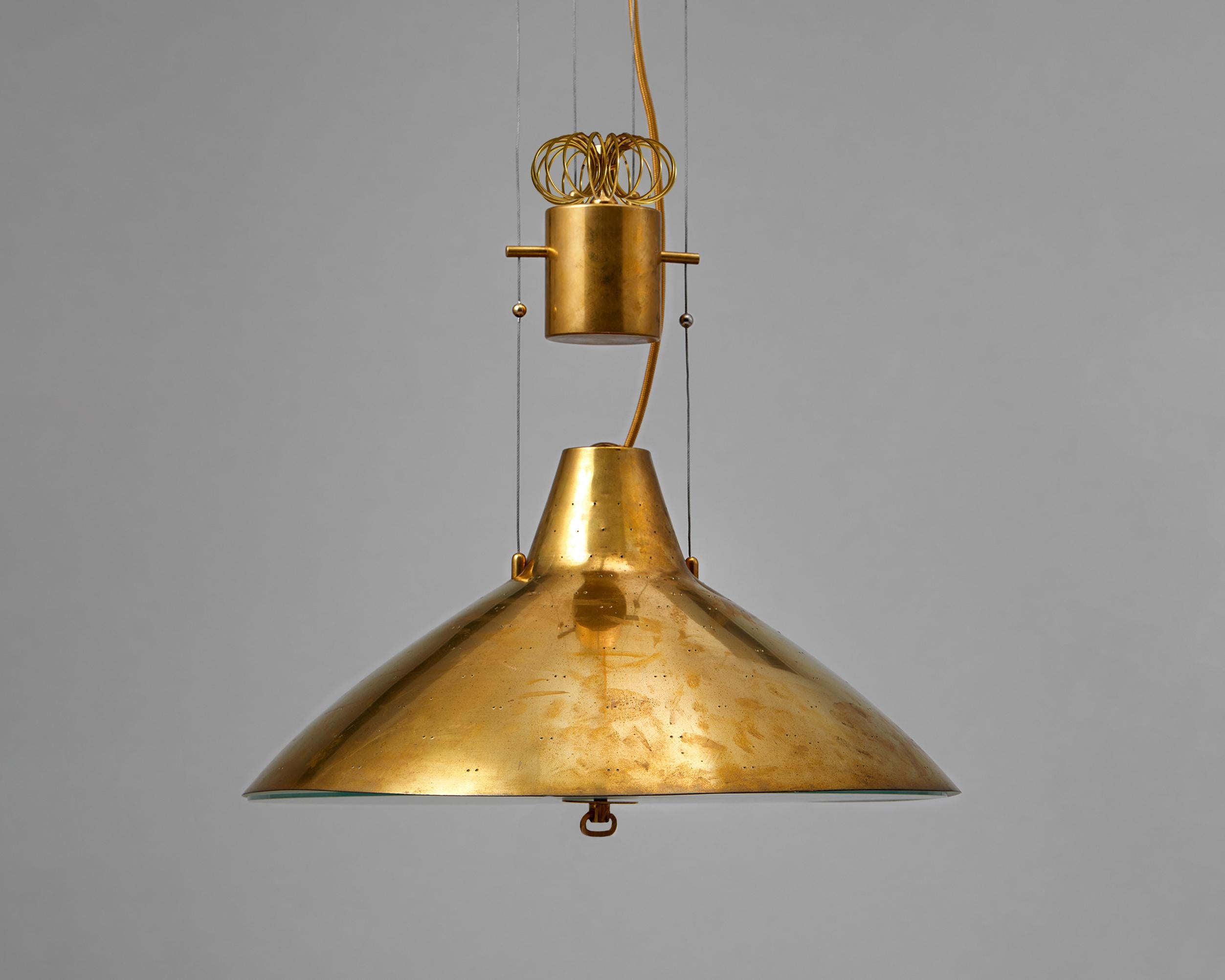 Ceiling lamp model ’10166’ designed by Paavo Tynell for Taito OY,
Finland, 1950.
Brass and frosted glass.

Stamped.

Measures: Height: 140 cm / 4’ 7”
Diameter: 49 cm / 1’ 7 1/2