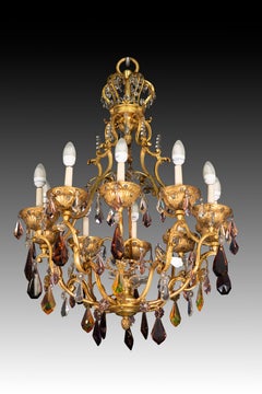 Ceiling lamp or chandelier. Bronze, glass. 20th century.