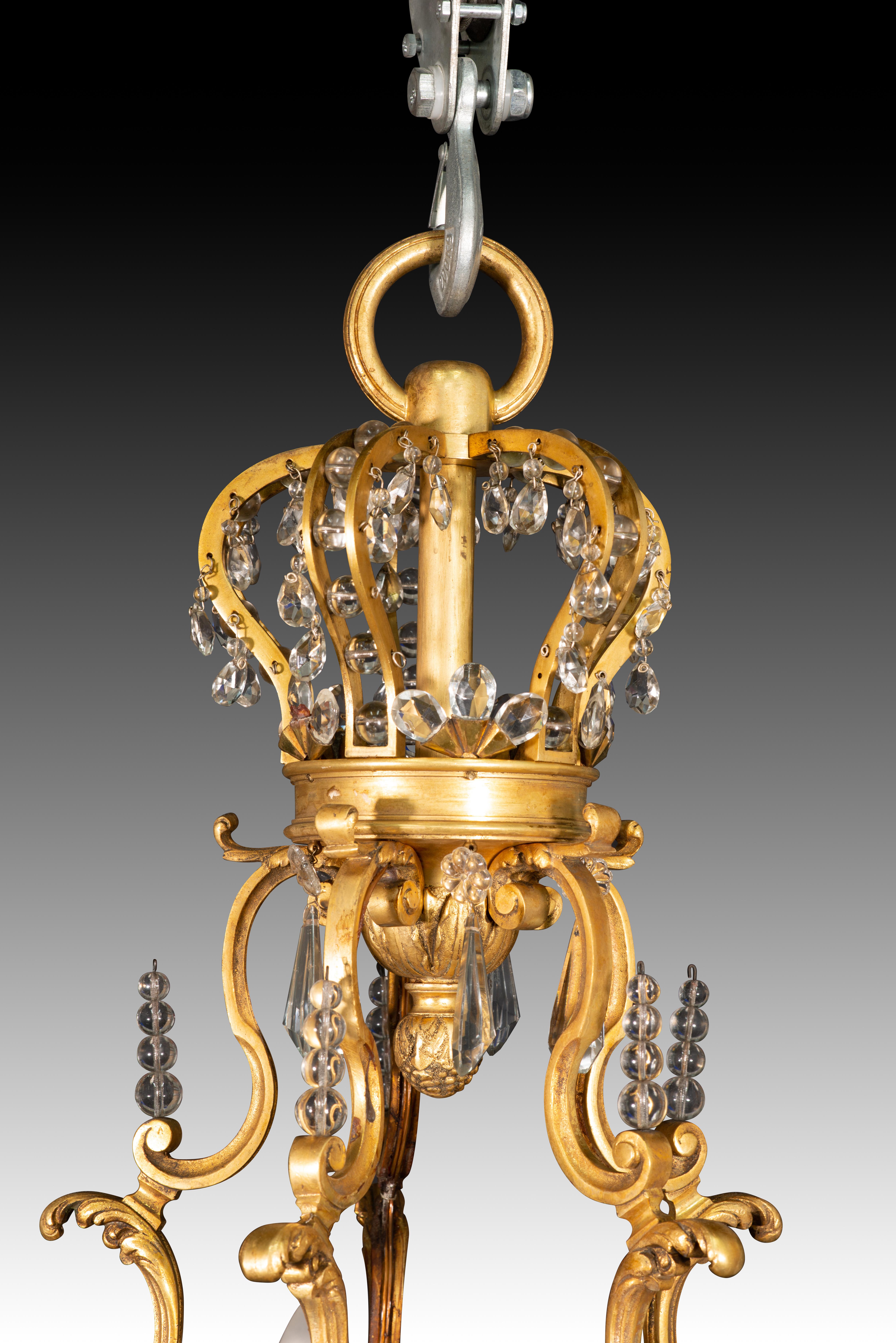 XX secolo Ceiling lamp or chandelier. Bronze, glass. 20th century. in vendita