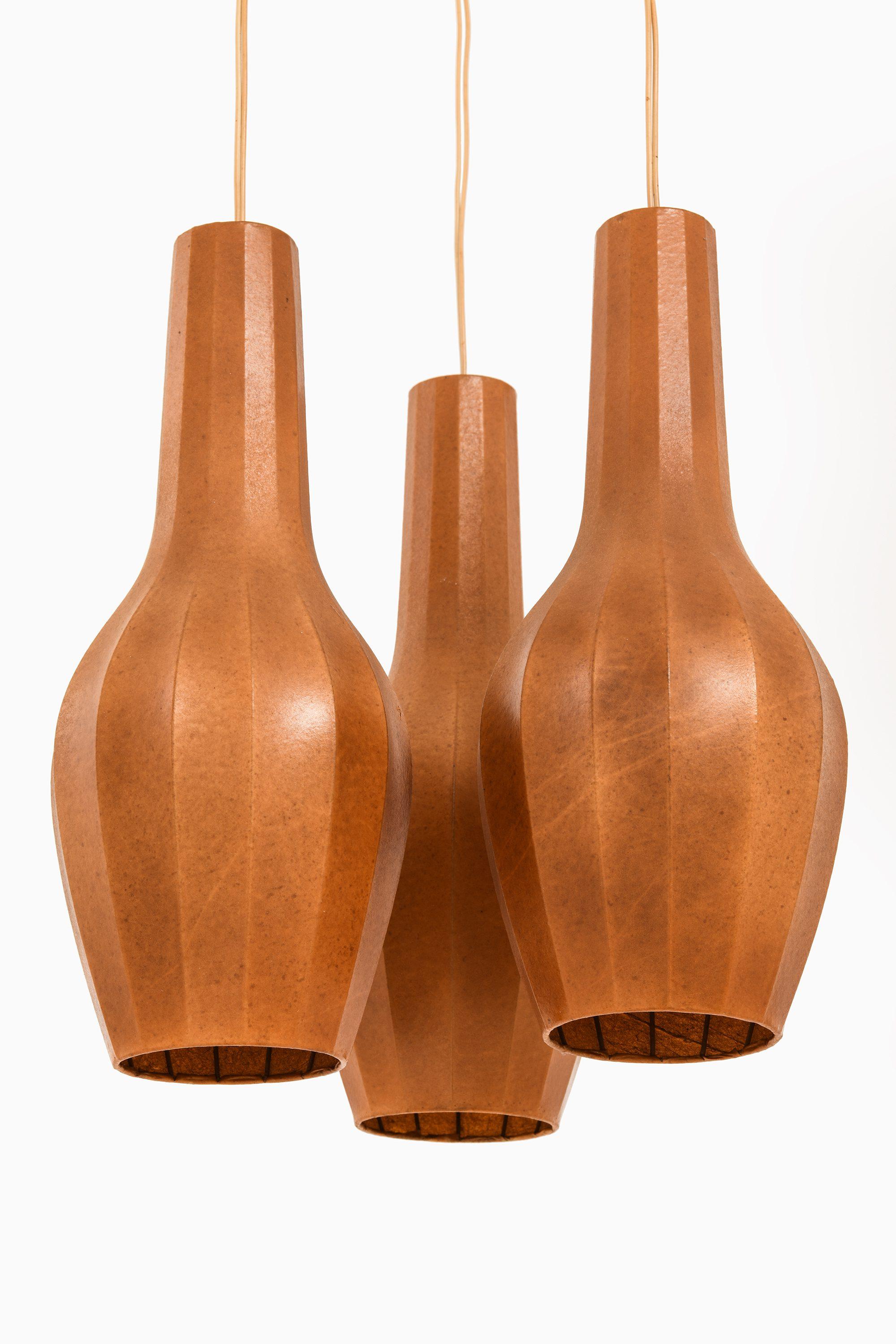 Scandinavian Modern Ceiling Lamp Pendant in Teak and Original Lamp Shades by Hans Bergström, 1950's For Sale