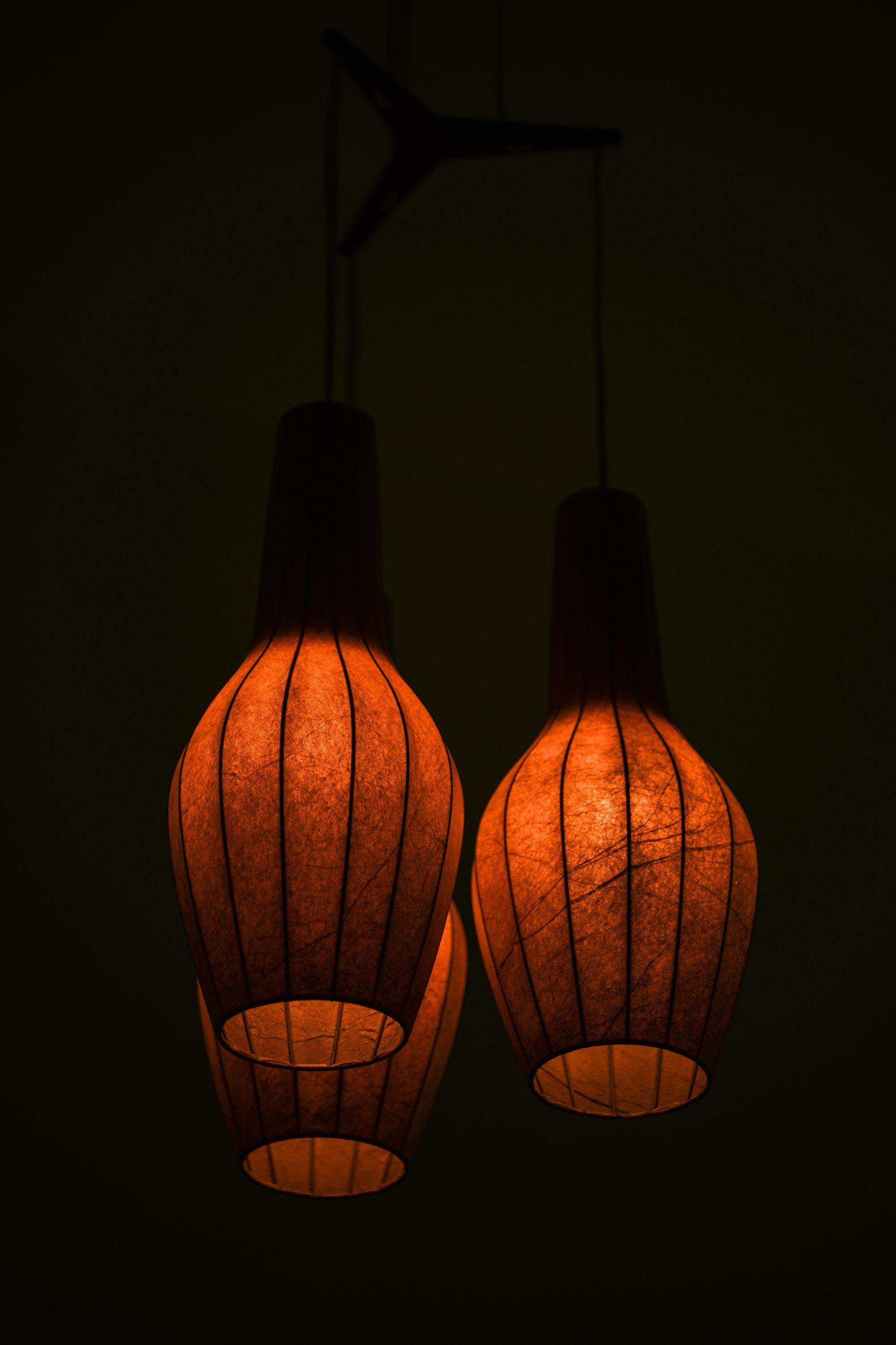 Ceiling Lamp Pendant in Teak and Original Lamp Shades by Hans Bergström, 1950's For Sale 1
