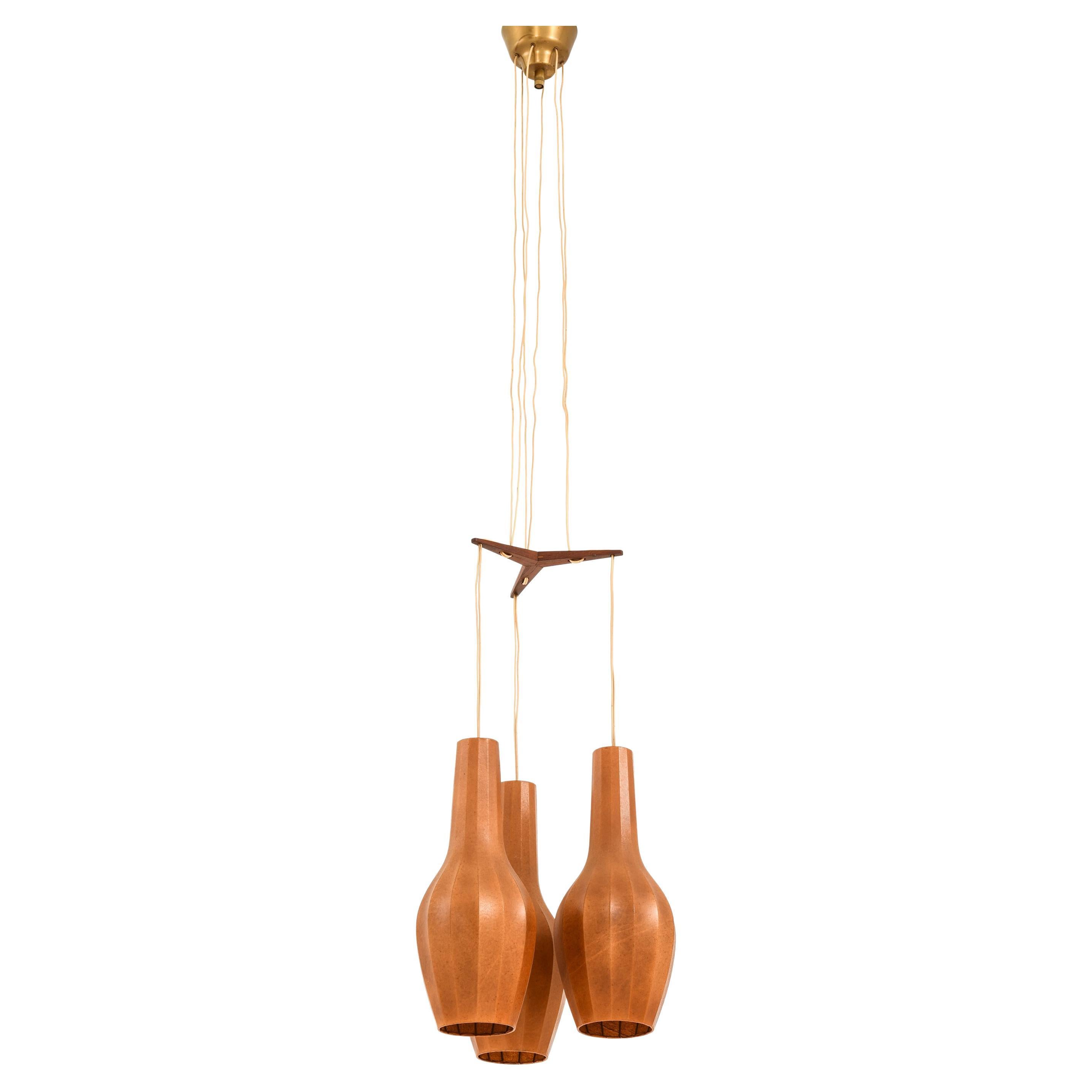 Ceiling Lamp Pendant in Teak and Original Lamp Shades by Hans Bergström, 1950's For Sale