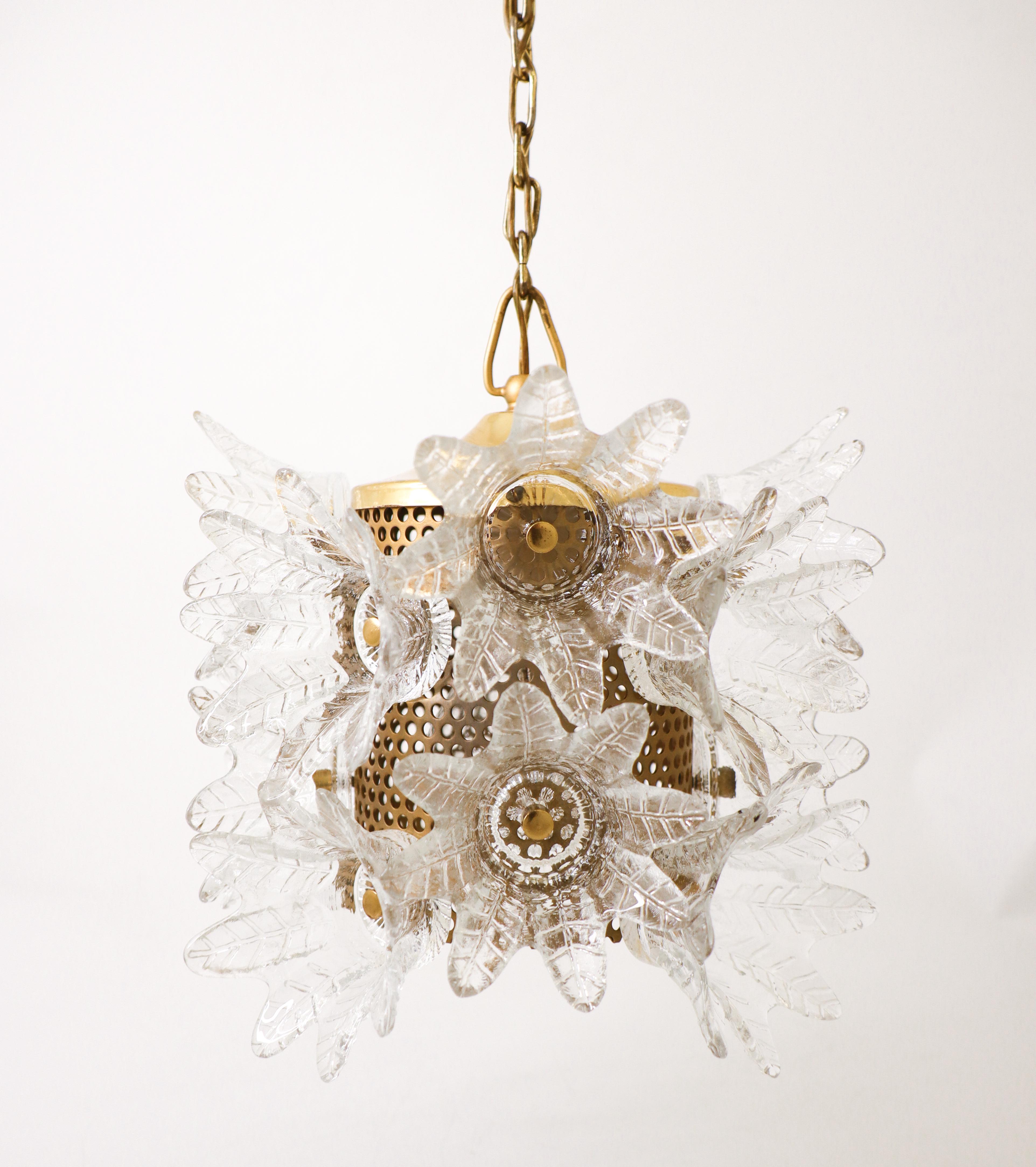 Swedish Ceiling Lamp / Pendant - Orrefors - Brass and glass flowers - 1960s For Sale