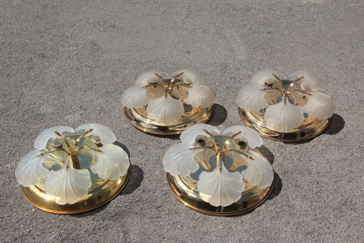 Ceiling lamp round gold 24 KT glass leaves Italian design, 5 E27 light bulbs, max 40 watt.