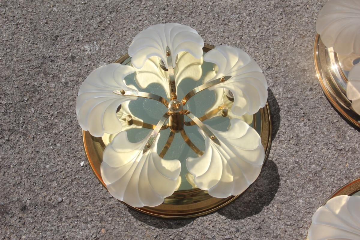 Modern Ceiling Lamp Round Gold 24 Kt Glass Leaves Italian Design For Sale