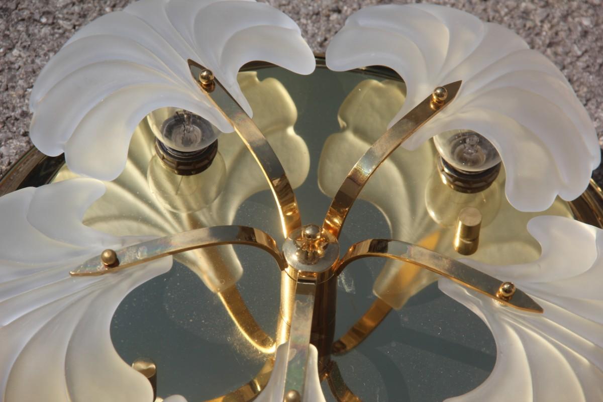 Late 20th Century Ceiling Lamp Round Gold 24 Kt Glass Leaves Italian Design For Sale