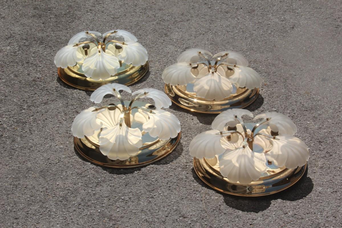 Gold Plate Ceiling Lamp Round Gold 24 Kt Glass Leaves Italian Design For Sale