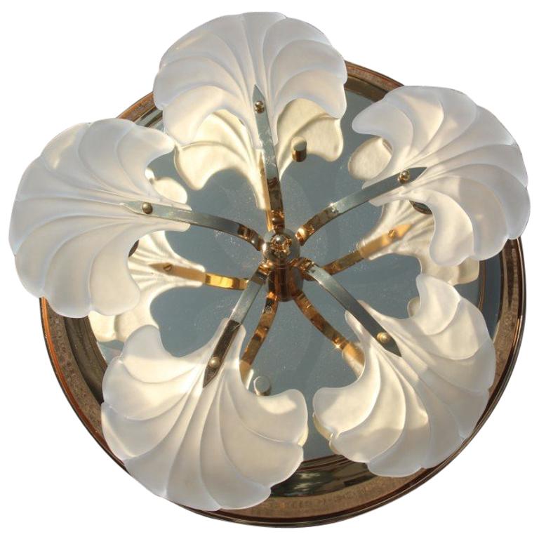 Ceiling Lamp Round Gold 24 Kt Glass Leaves Italian Design For Sale