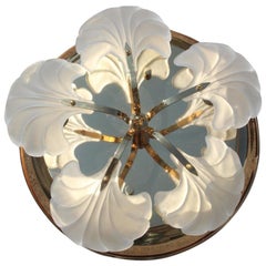 Vintage Ceiling Lamp Round Gold 24 Kt Glass Leaves Italian Design