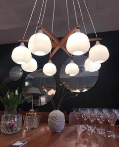 Ceiling Lamp Teak 8 Arm by Uno & Östen Kristiansson Luxus, Vittsjö, Sweden 1950s