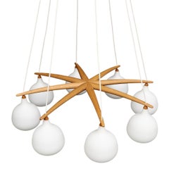 Ceiling Lamp Teak 8 Arm by Uno & Östen Kristiansson Luxus, Vittsjö, Sweden 1950s
