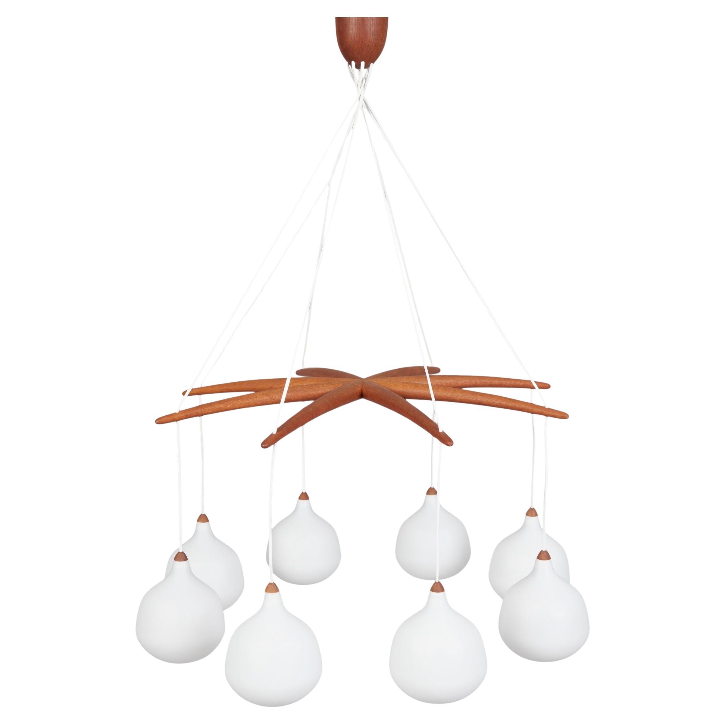 Ceiling Lamp Teak 8 Arm by Uno & Östen Kristiansson Luxus, Vittsjö, Sweden 1950s
