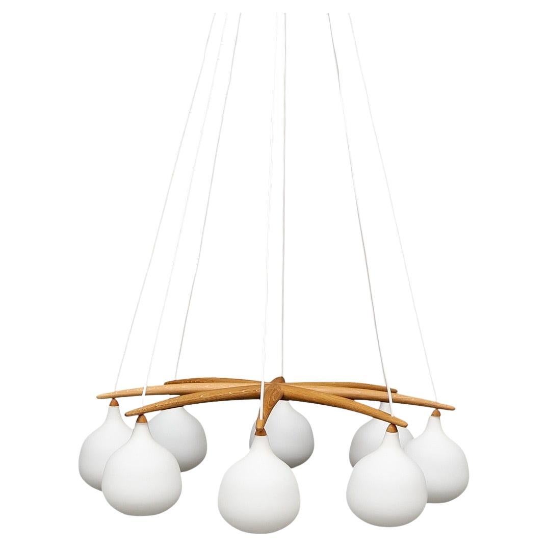 Ceiling Lamp Teak 8 Arm by Uno & Östen Kristiansson Luxus, Vittsjö, Sweden 1950s