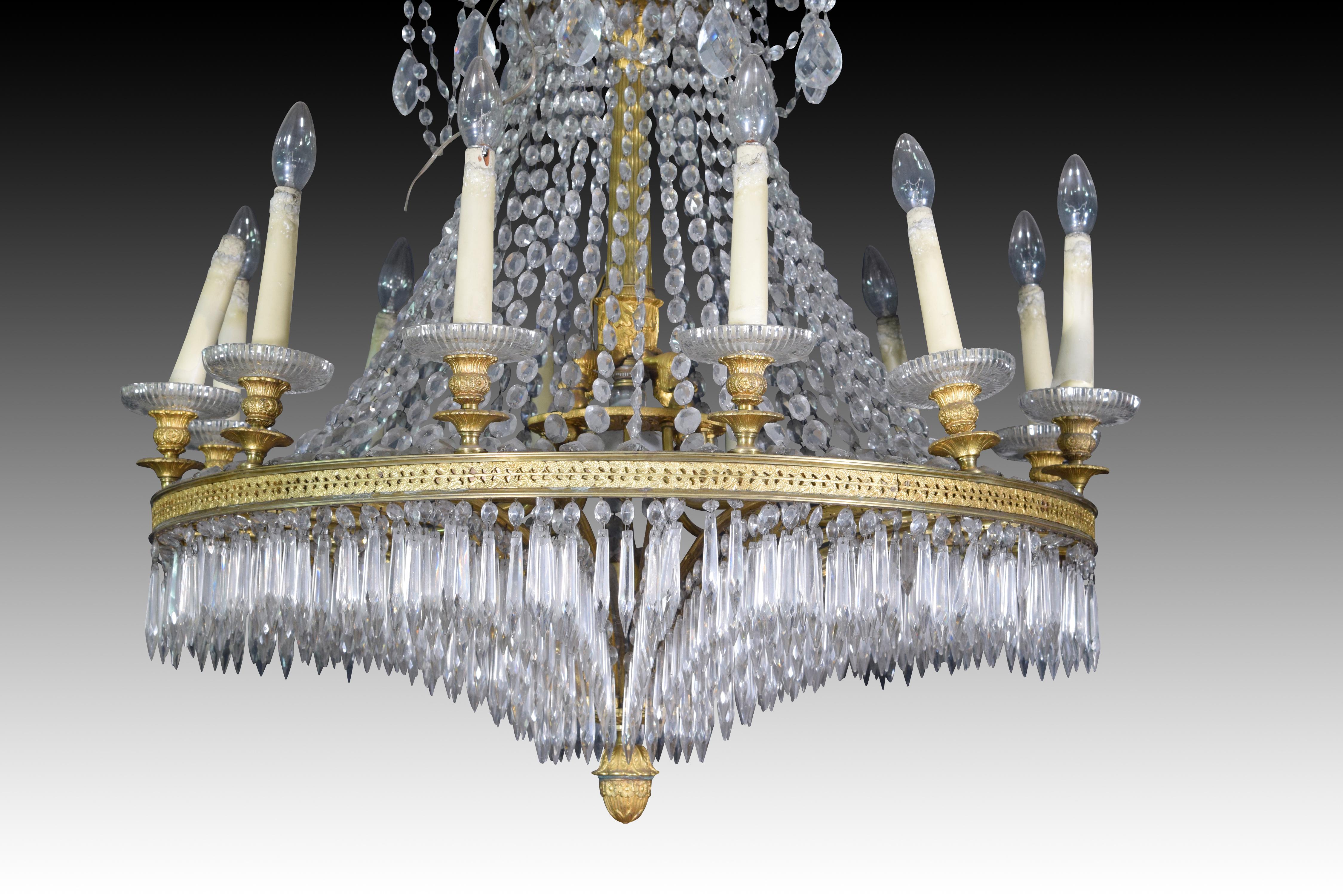 Neoclassical Revival Ceiling lamp, twelve lights. Bronze, glass. 19th century.   For Sale