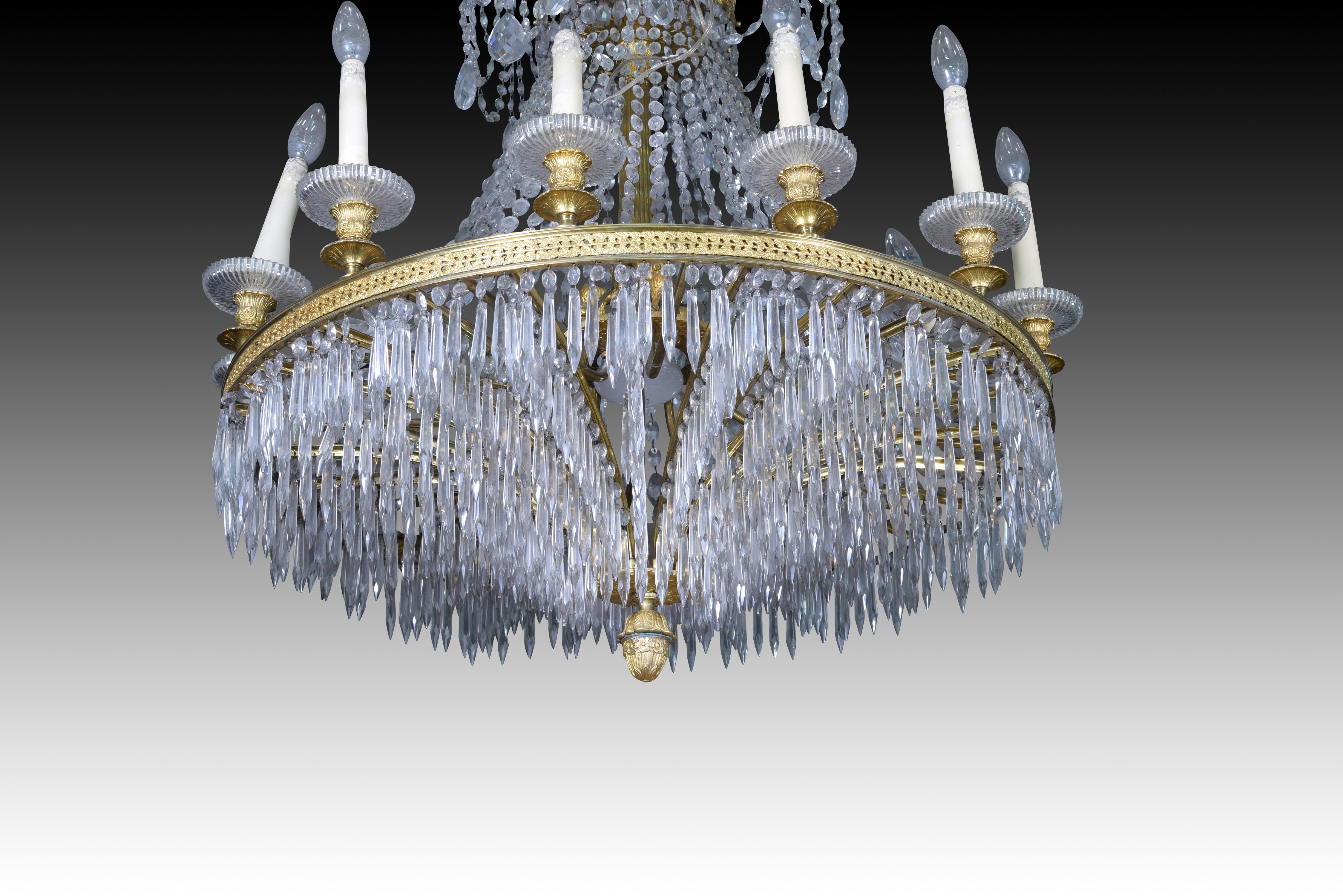Ceiling lamp, twelve lights. Bronze, glass. 19th century.   In Fair Condition For Sale In Madrid, ES