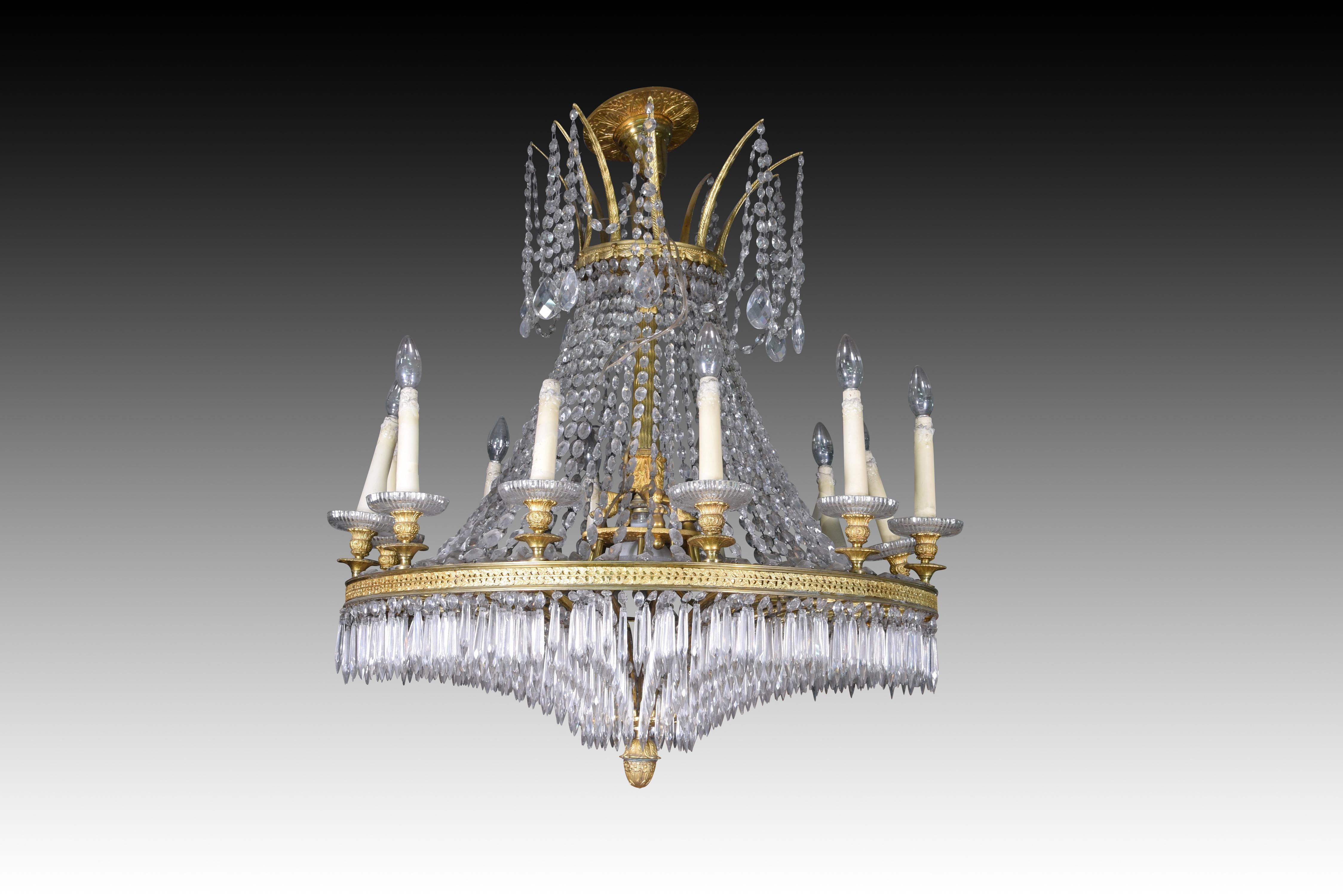Lámpara de techo, doce luces. Bronce, cristal. Siglo XIX. en Bastante bueno estado para la venta en Madrid, ES
