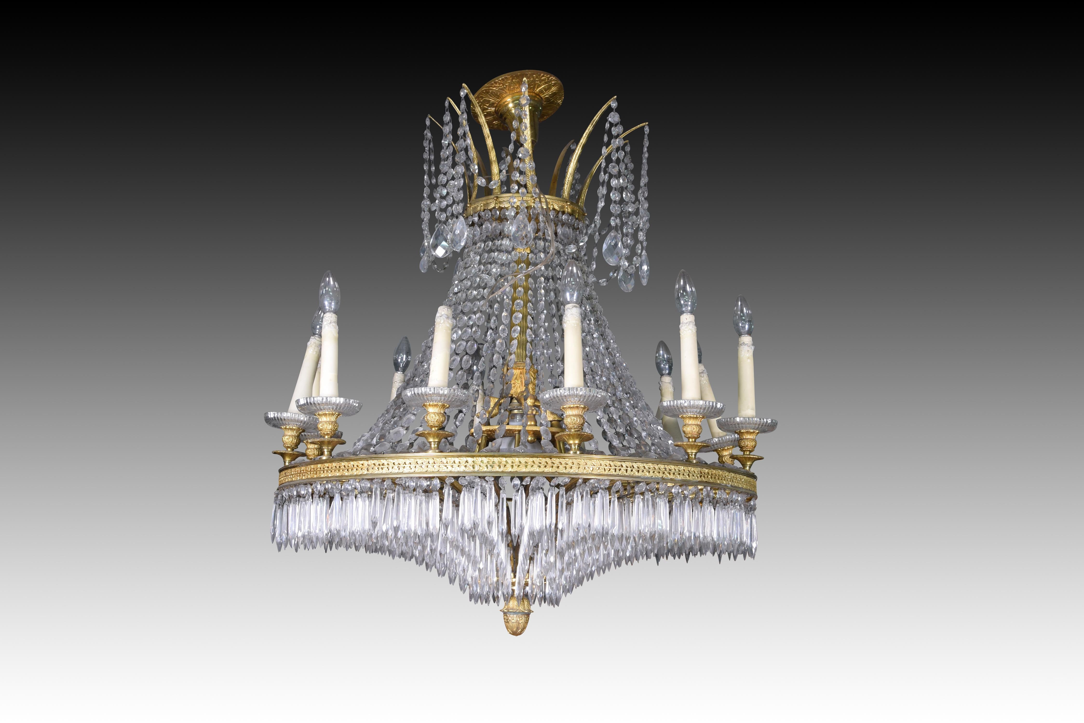 Ceiling lamp, twelve lights. Bronze, glass. 19th century.   For Sale 1