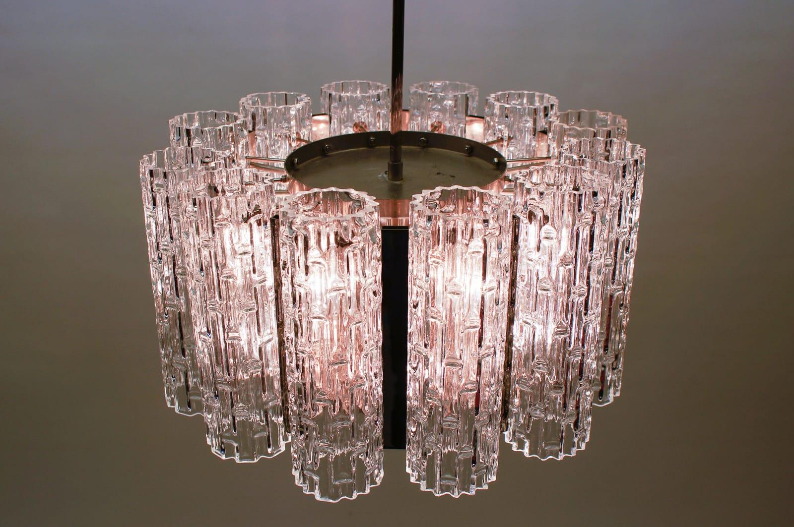 Mid-20th Century Ceiling Lamp with 12 Textured Glass Shades, Kaiser Leuchten Germany, 1960s For Sale