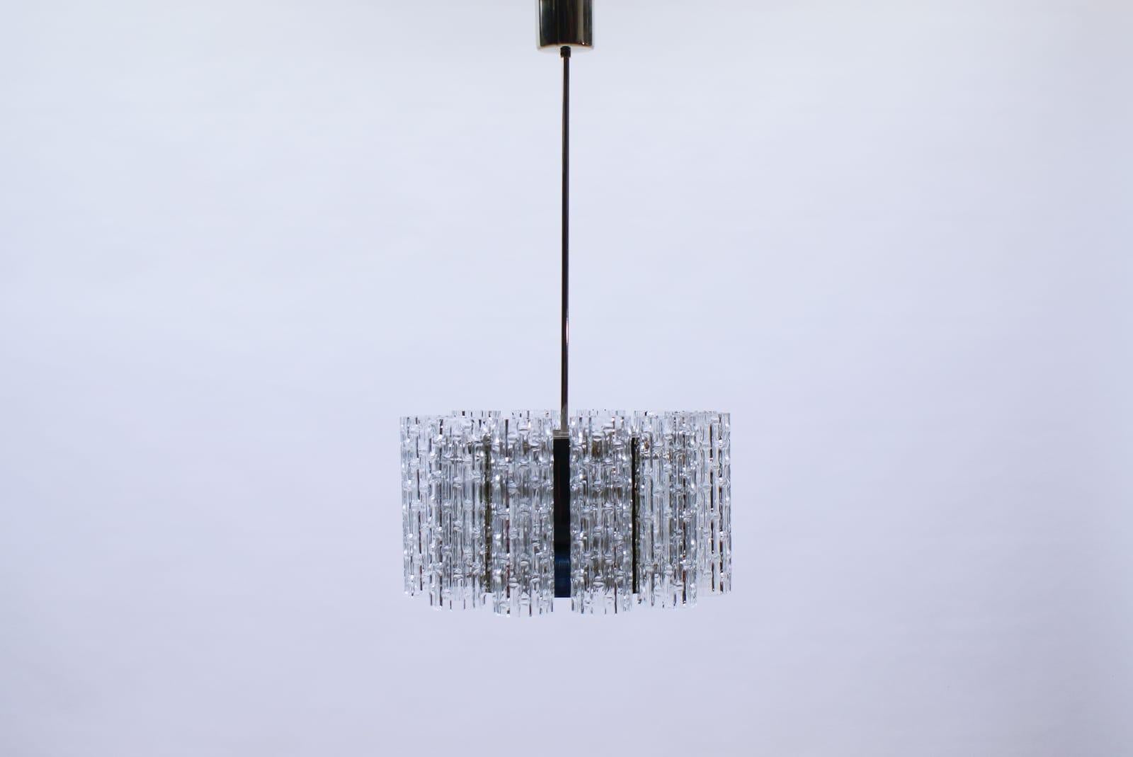 Metal Ceiling Lamp with 12 Textured Glass Shades, Kaiser Leuchten Germany, 1960s For Sale