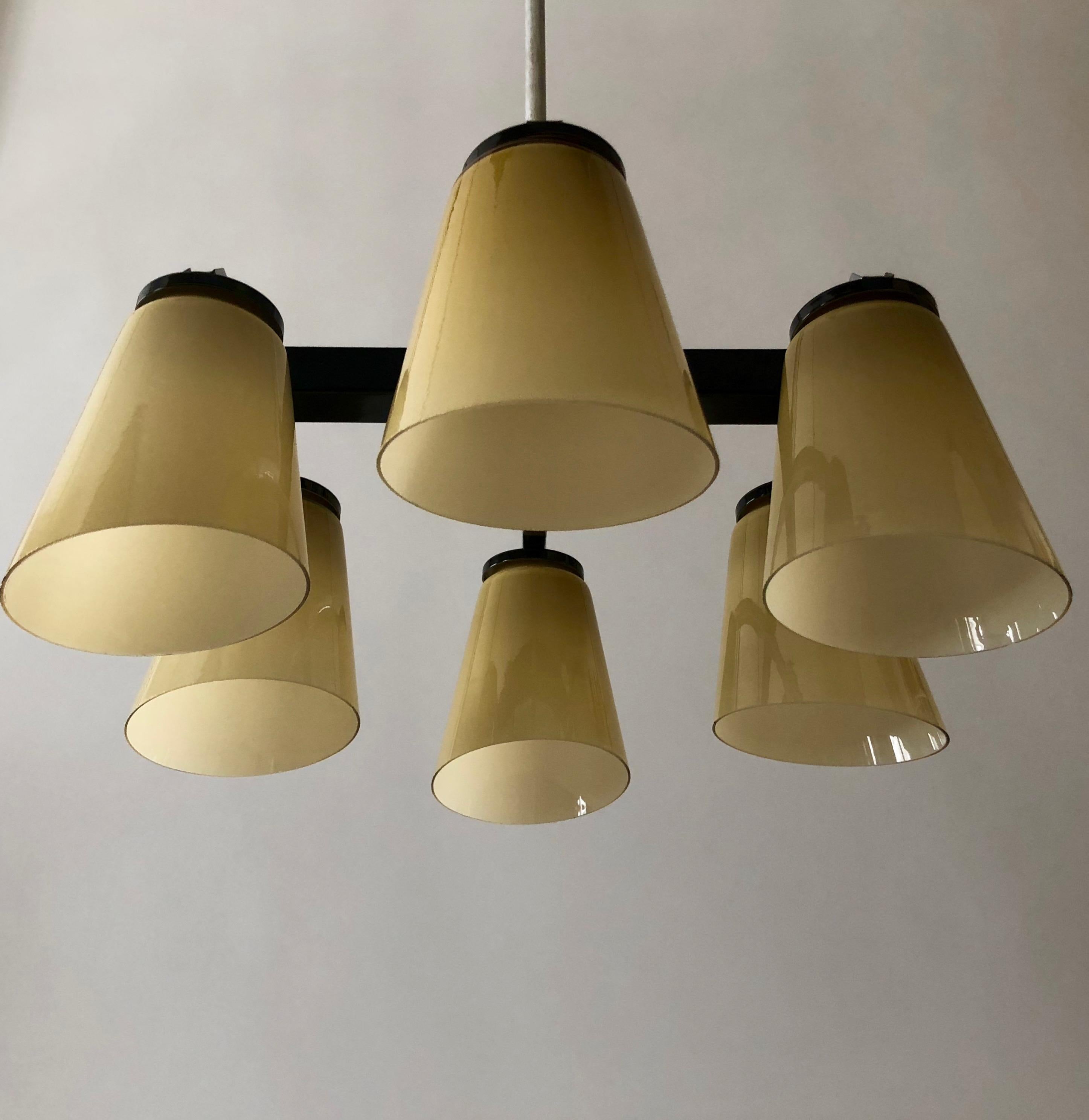 Elegant ceiling lamp in black satined metal and six handmade opaline glass shades from 1950s.
Made in Czechoslovakia. The chandelier is in a very good condition.