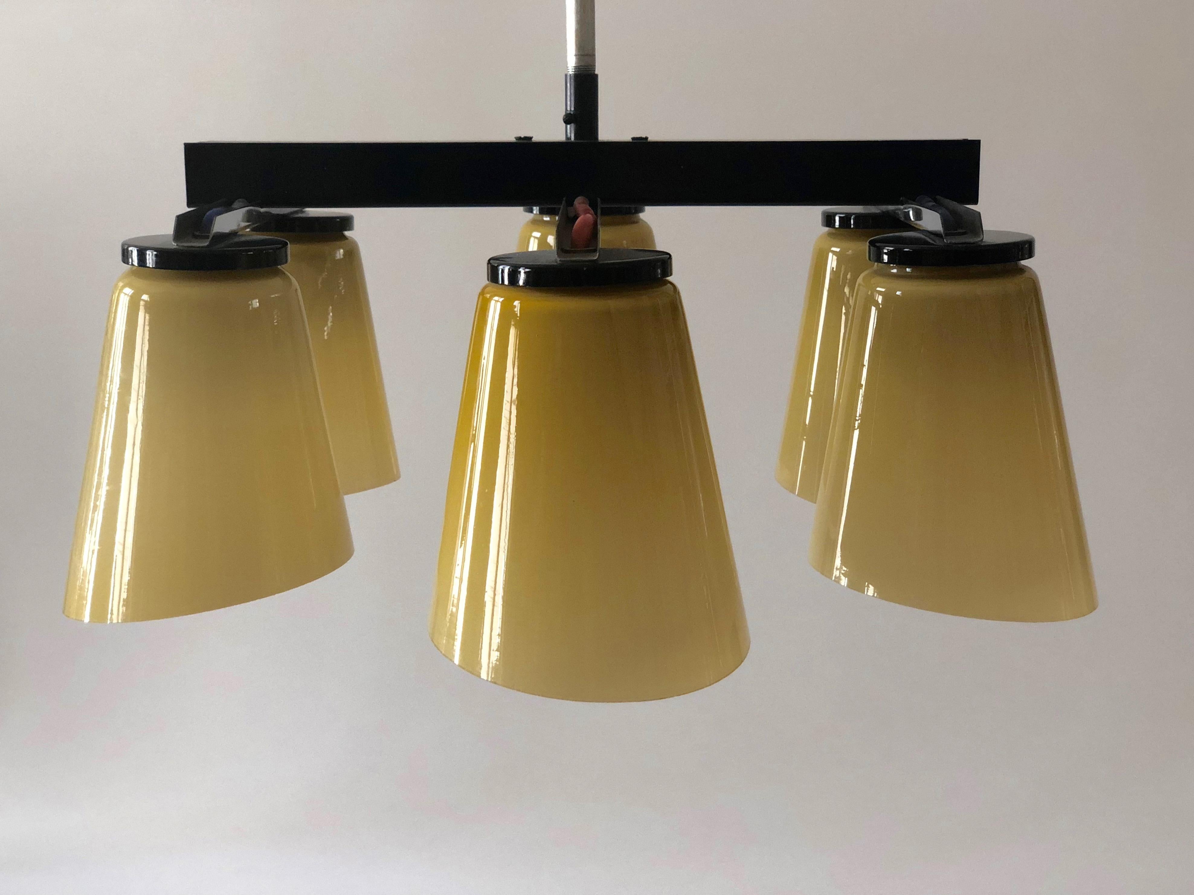 Mid-Century Modern Ceiling Lamp with 6 Handmade Opaline Glass Shades, 1950s For Sale