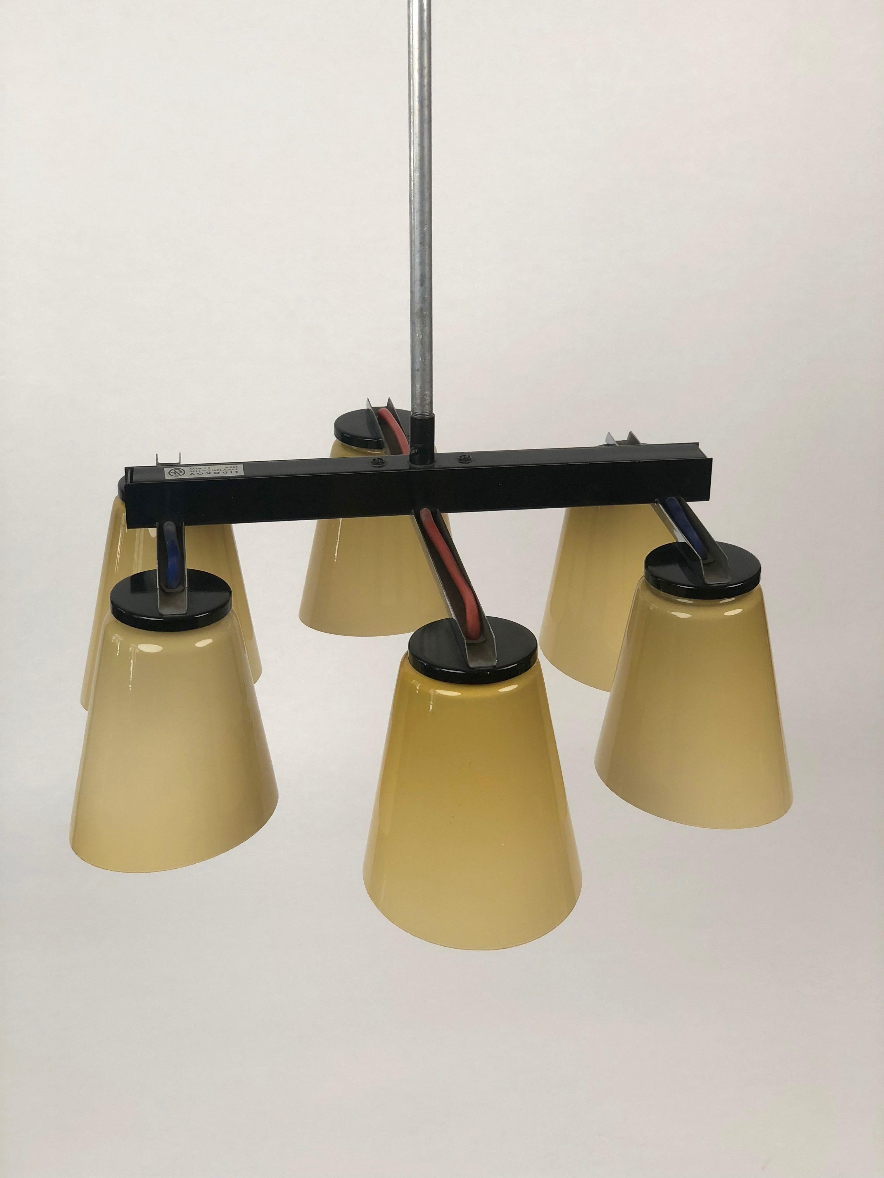Czech Ceiling Lamp with 6 Handmade Opaline Glass Shades, 1950s For Sale