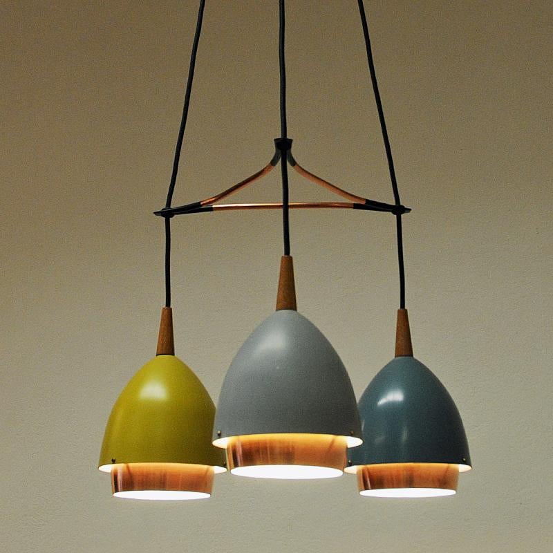 Copper Ceiling Lamp with Colored Metal Shades by T. Røste & Co, Norway, 1950s For Sale