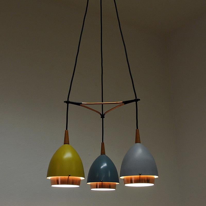 Ceiling Lamp with Colored Metal Shades by T. Røste & Co, Norway, 1950s For Sale 1