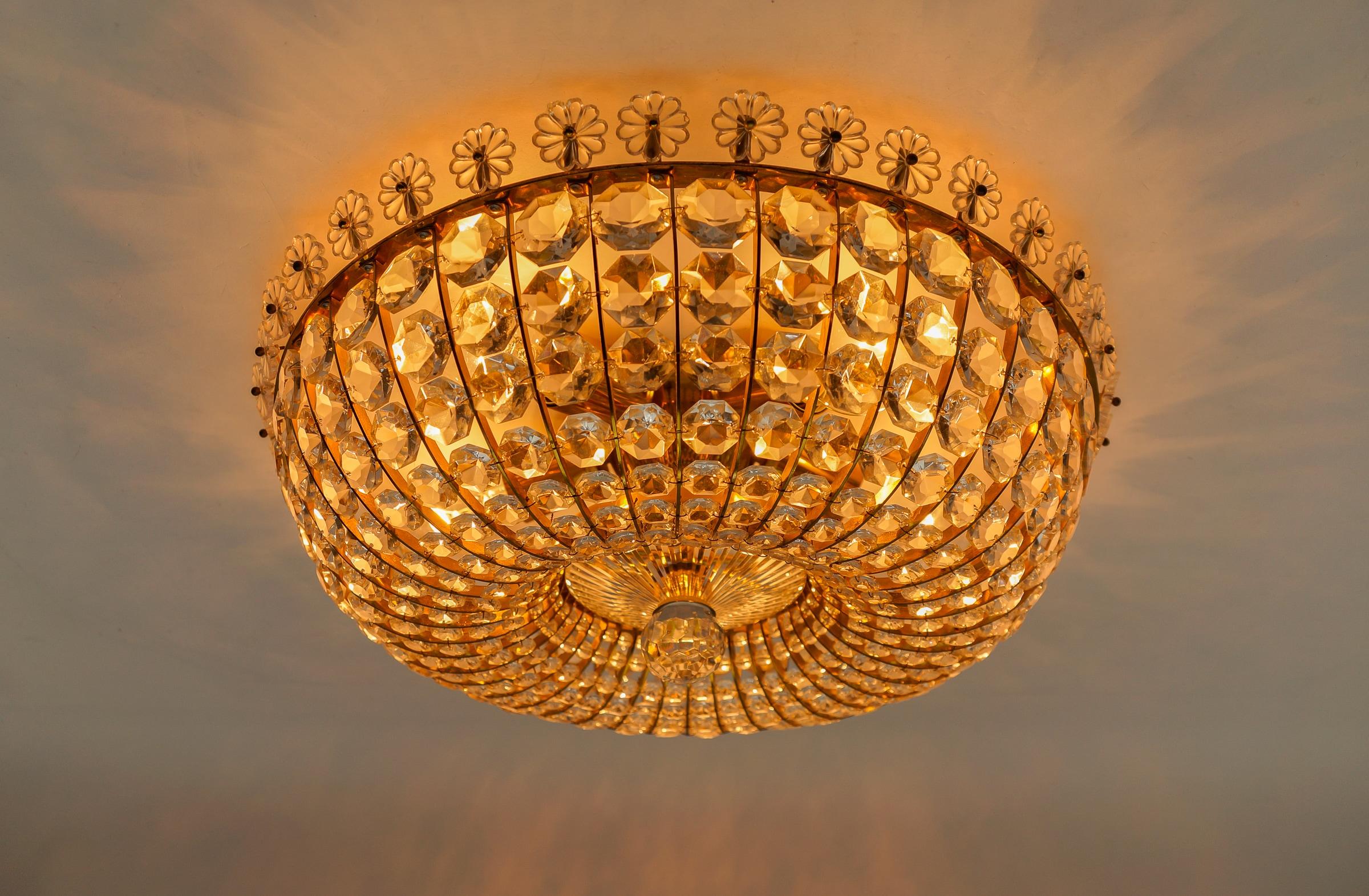 Hollywood Regency Ceiling Lamp with Glass Stones and Flowers Brass Frame Vereinigte Werkstätten For Sale