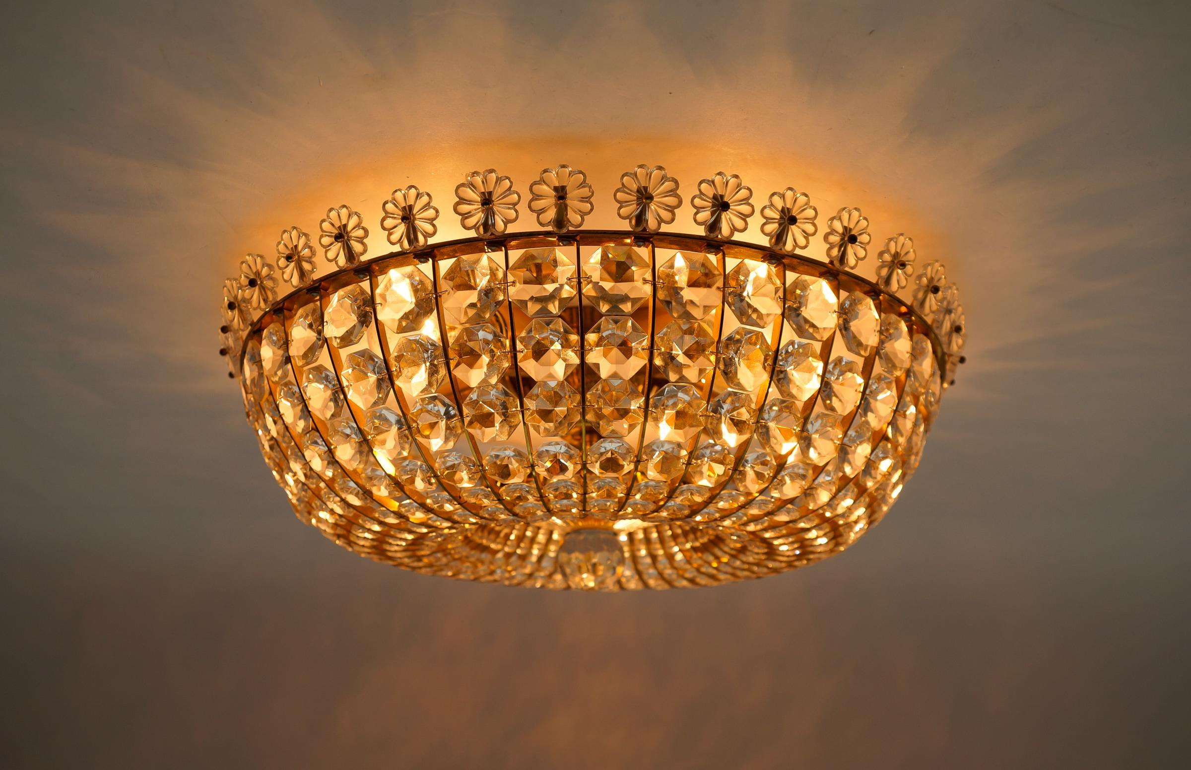Ceiling Lamp with Glass Stones and Flowers Brass Frame Vereinigte Werkstätten For Sale 1