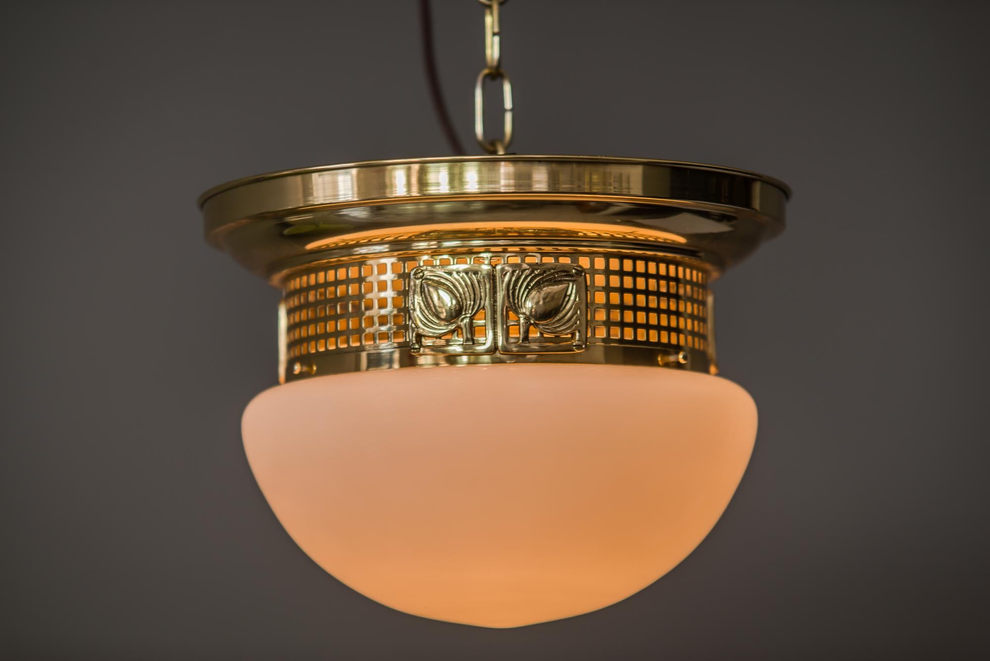 Brass Ceiling Lamp with Opal Glass in the Style of Jugendstil