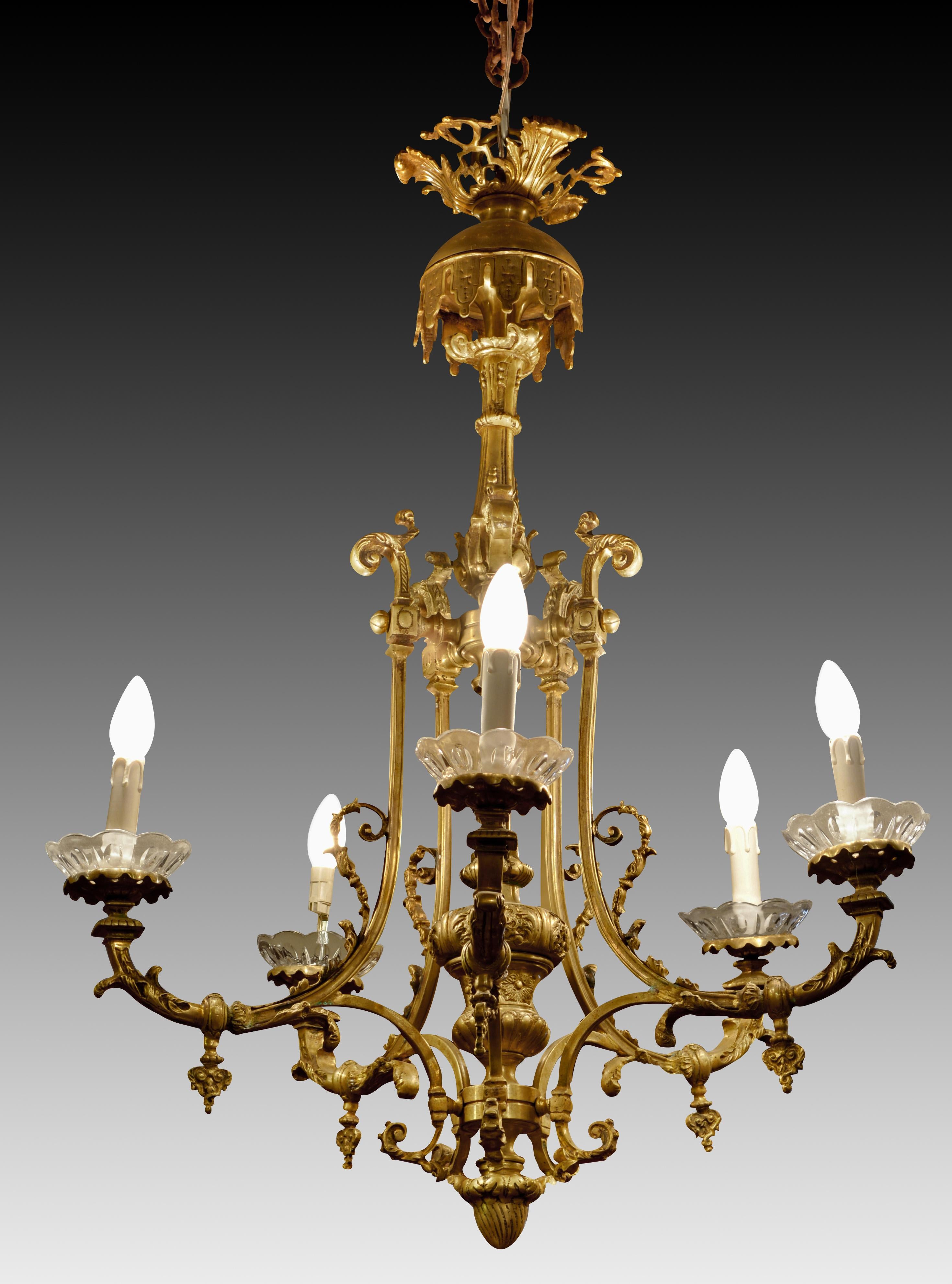 European Ceiling lamp with six lights. Bronze with antique finish and glass.  For Sale