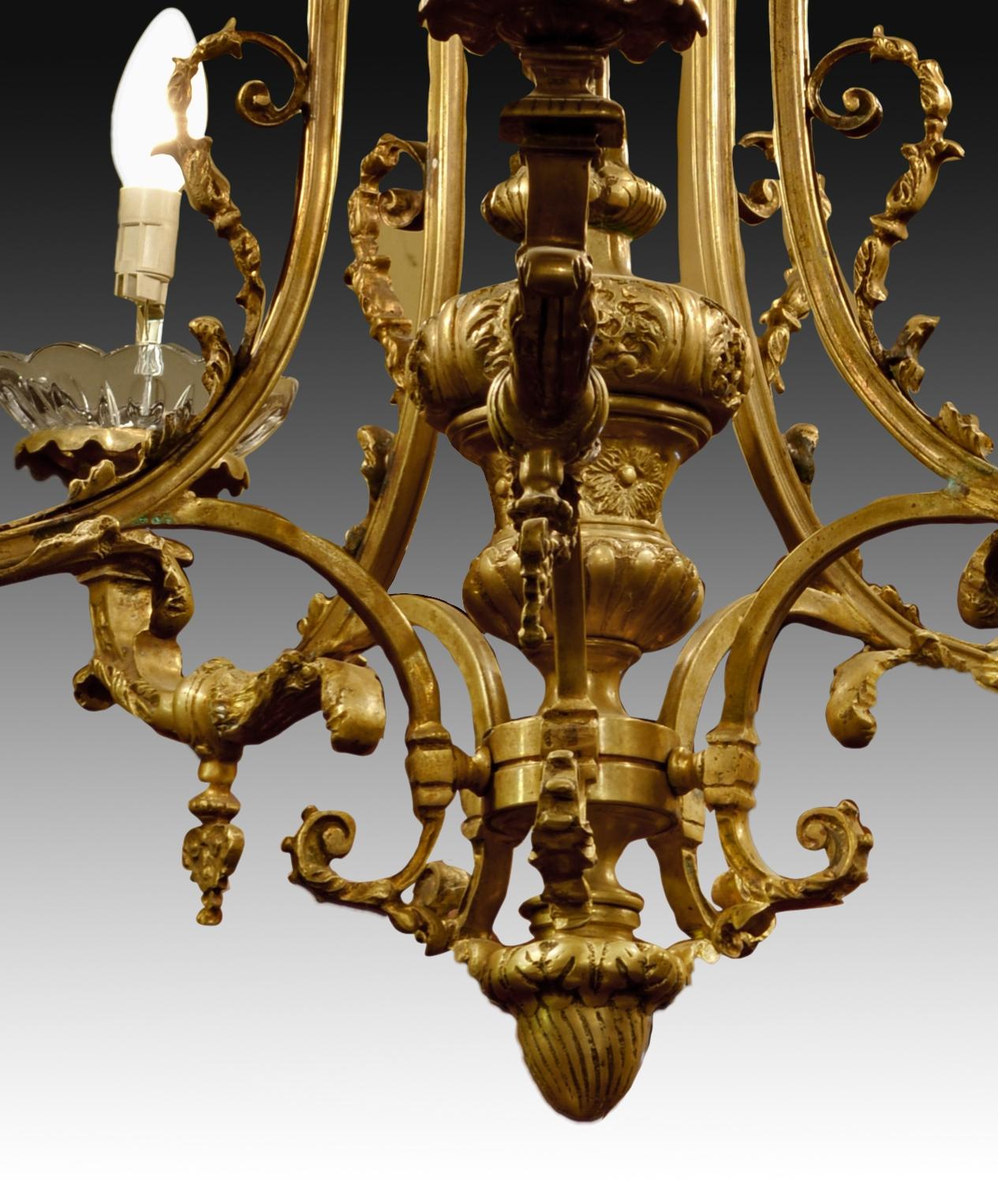 Ceiling lamp with six lights. Bronze with antique finish and glass.  In Good Condition For Sale In Madrid, ES