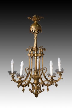Ceiling lamp with six lights. Bronze with antique finish and glass. 