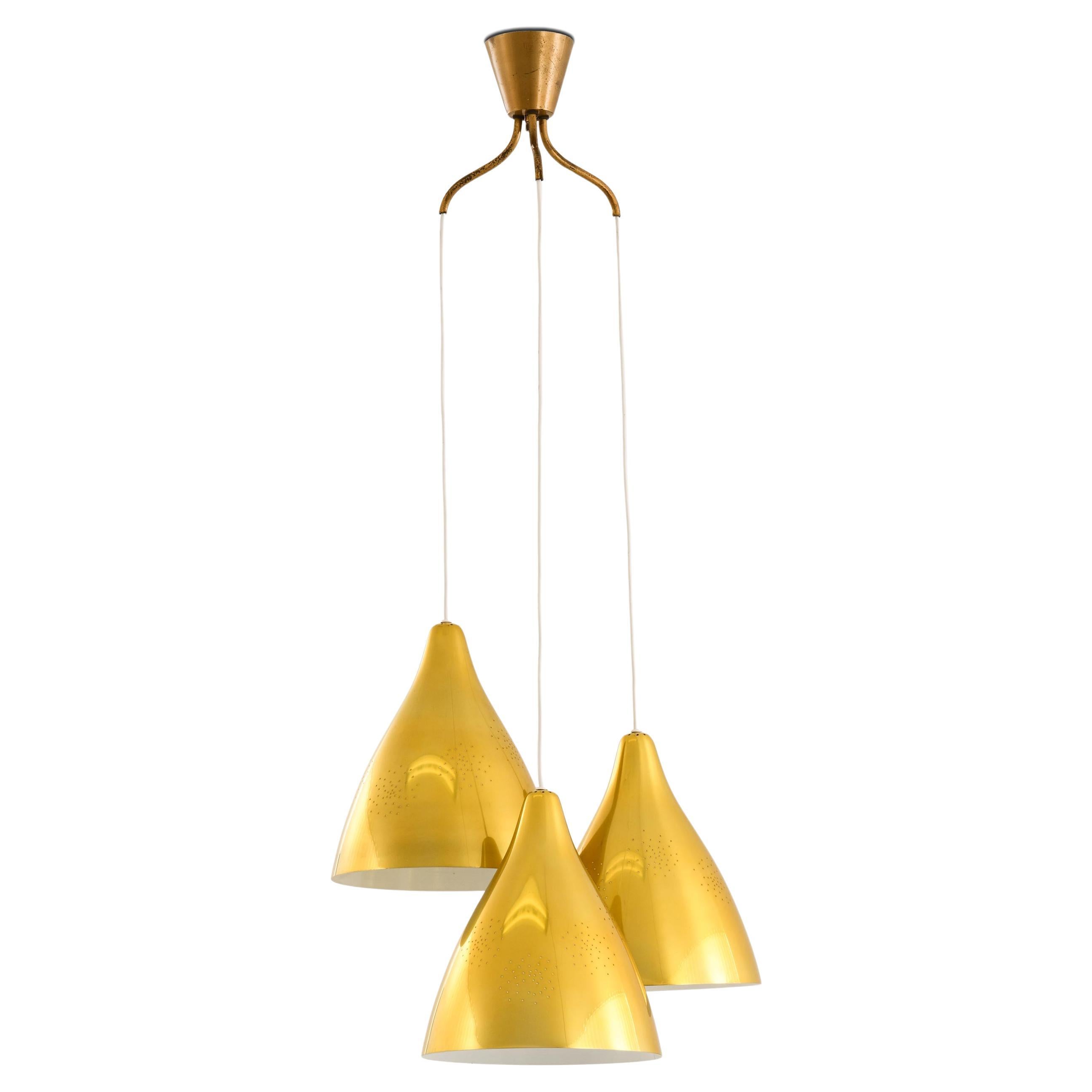 Ceiling Lamp with Three Conical Brass Shades by Lisa Johansson-Pape, 1950s in vendita