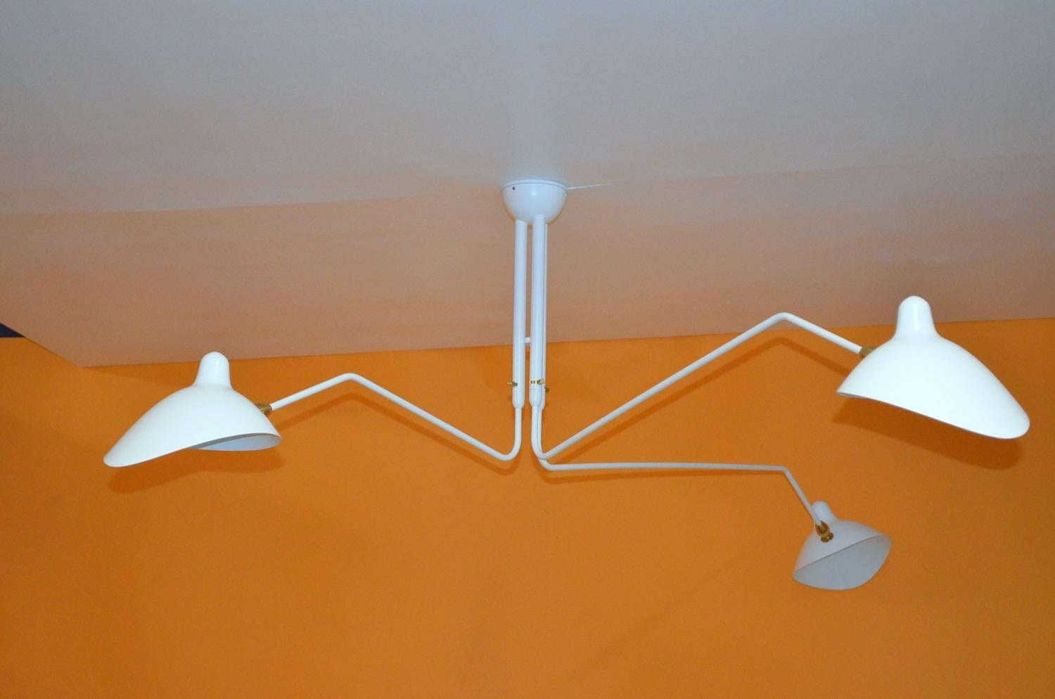 Mid-Century Modern Ceiling Lamp with Three Rotating Arms in White by Serge Mouille