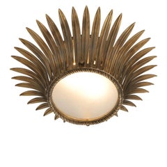 Ceiling Lamp With Vintage Brass Finish And Frosted Glass Palm Leaf Design