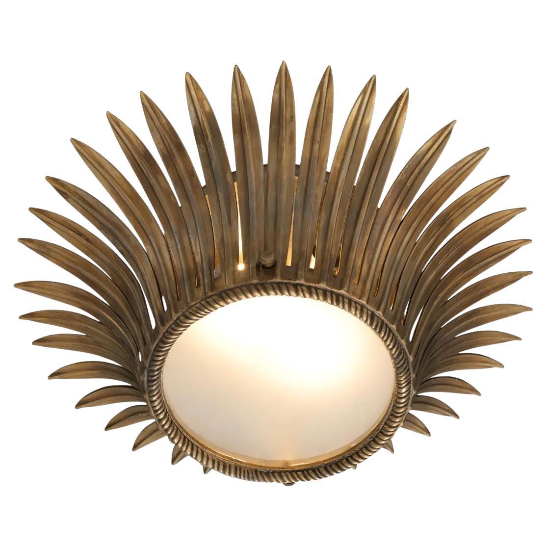 Ceiling Lamp With Vintage Brass Finish And Frosted Glass Palm Leaf Design For Sale