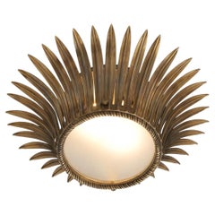 Ceiling Lamp With Vintage Brass Finish And Frosted Glass Palm Leaf Design