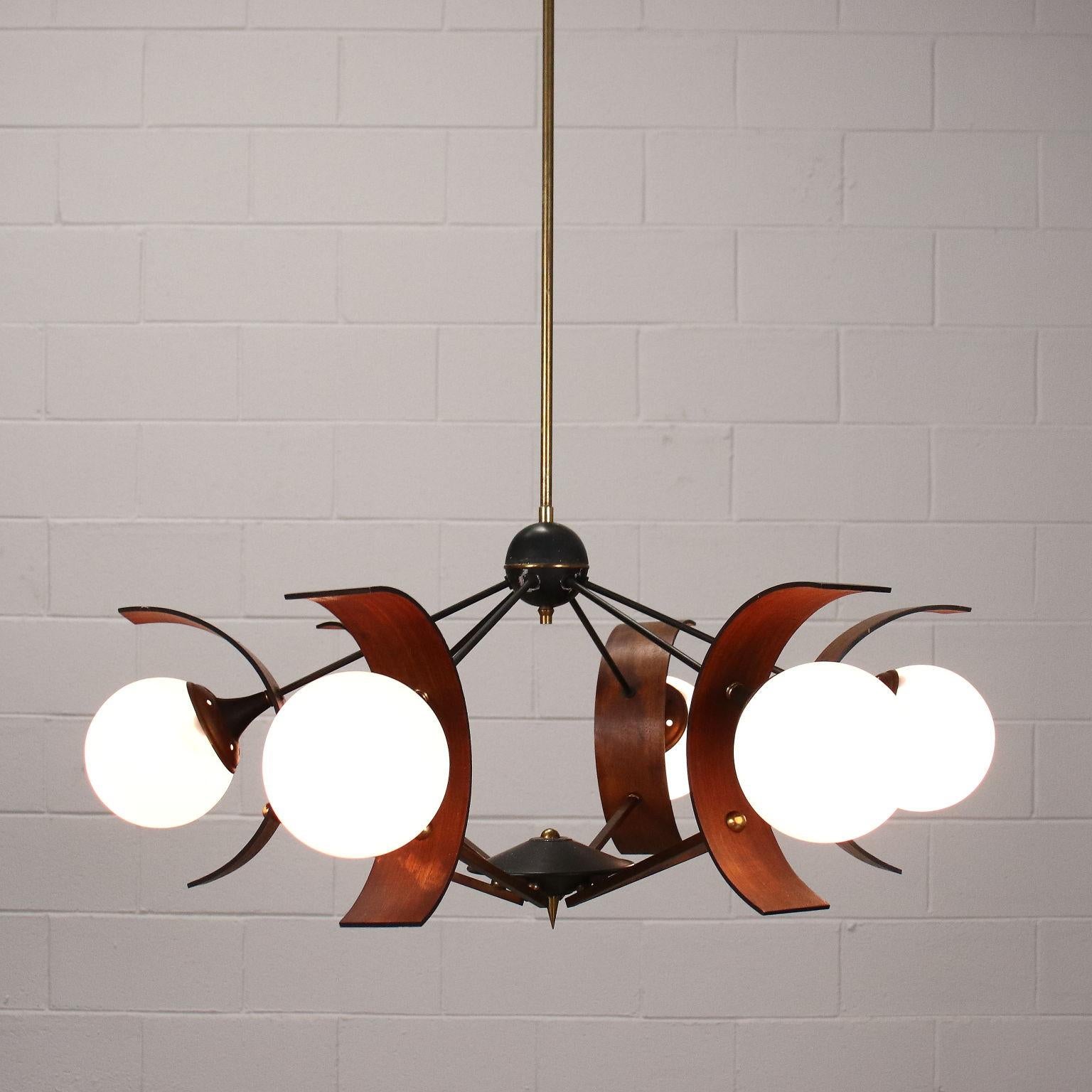 Mid-Century Modern Ceiling Lamp Wood Metal Glass Brass, Italy, 1950s-1960s