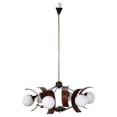 Ceiling Lamp Wood Metal Glass Brass, Italy, 1950s-1960s